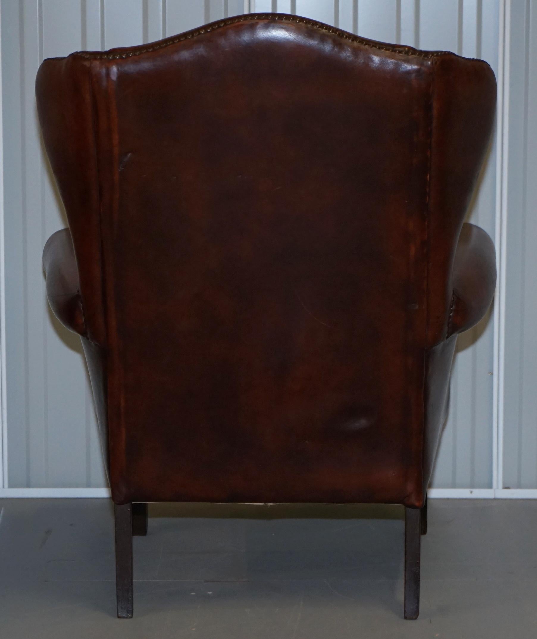 Pair of Lovely Hand Dyed Brown Leather Laid Back Wingback Armchairs Rare Frames 5