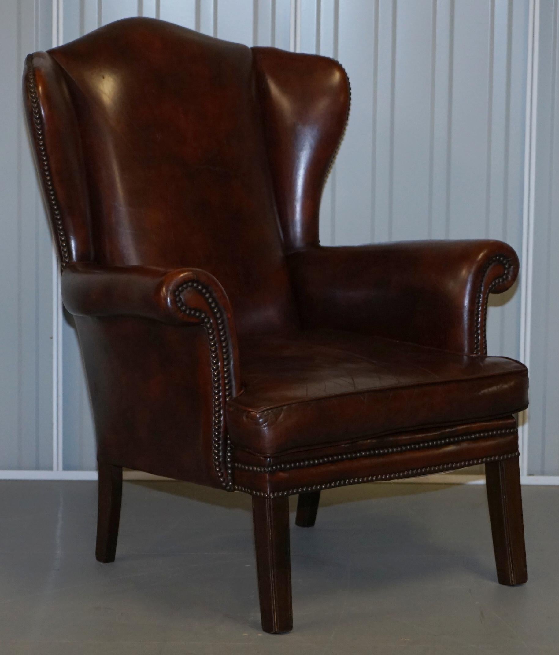 Pair of Lovely Hand Dyed Brown Leather Laid Back Wingback Armchairs Rare Frames 6