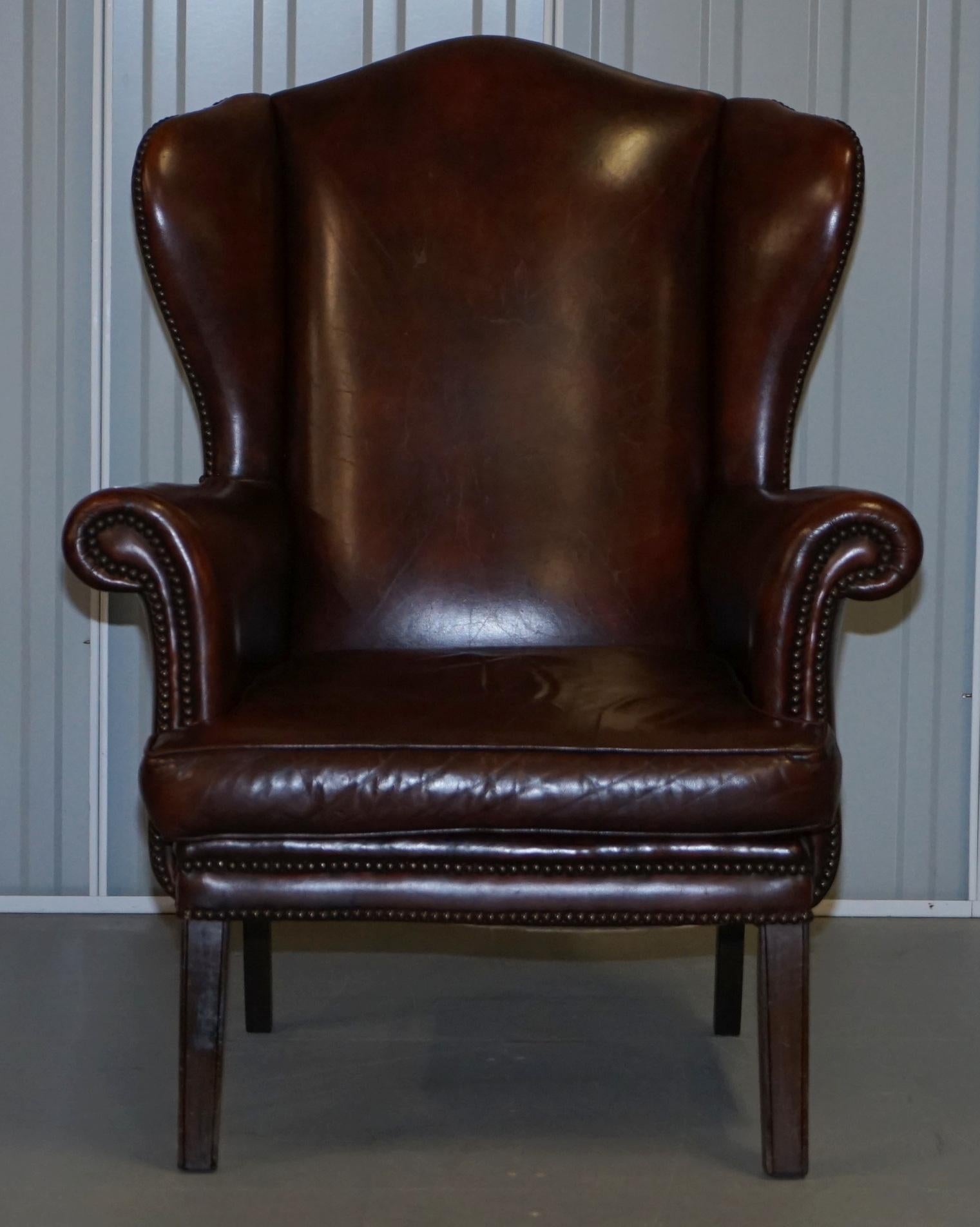 Pair of Lovely Hand Dyed Brown Leather Laid Back Wingback Armchairs Rare Frames 7