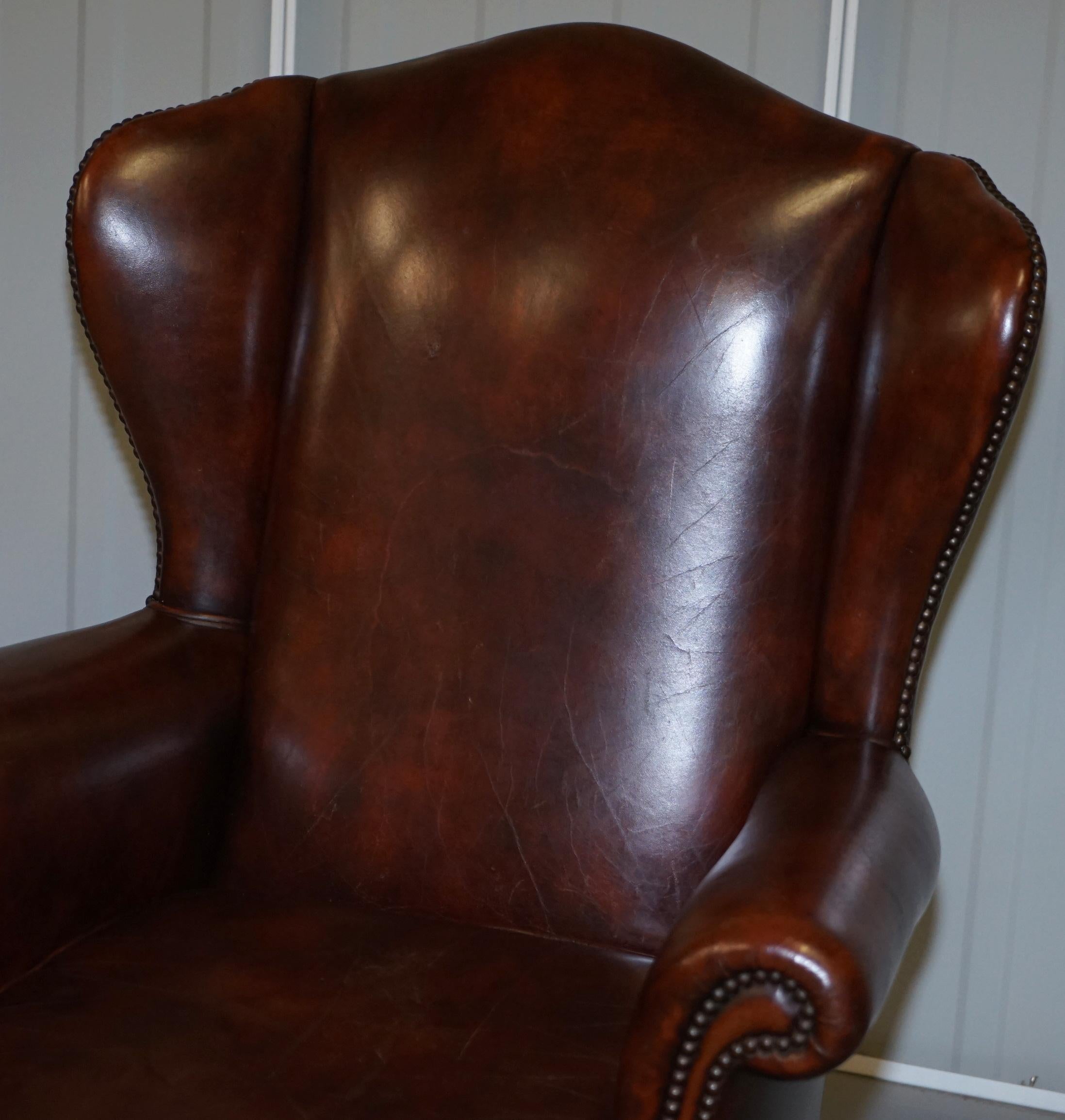 Pair of Lovely Hand Dyed Brown Leather Laid Back Wingback Armchairs Rare Frames 8
