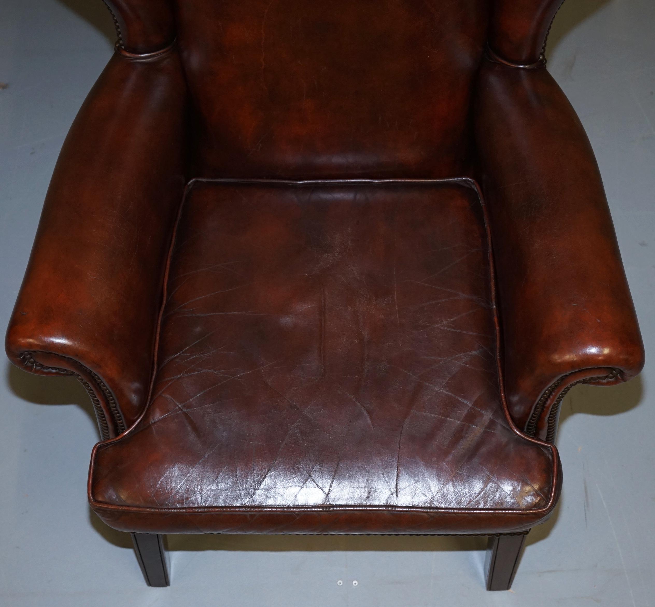 Pair of Lovely Hand Dyed Brown Leather Laid Back Wingback Armchairs Rare Frames 9