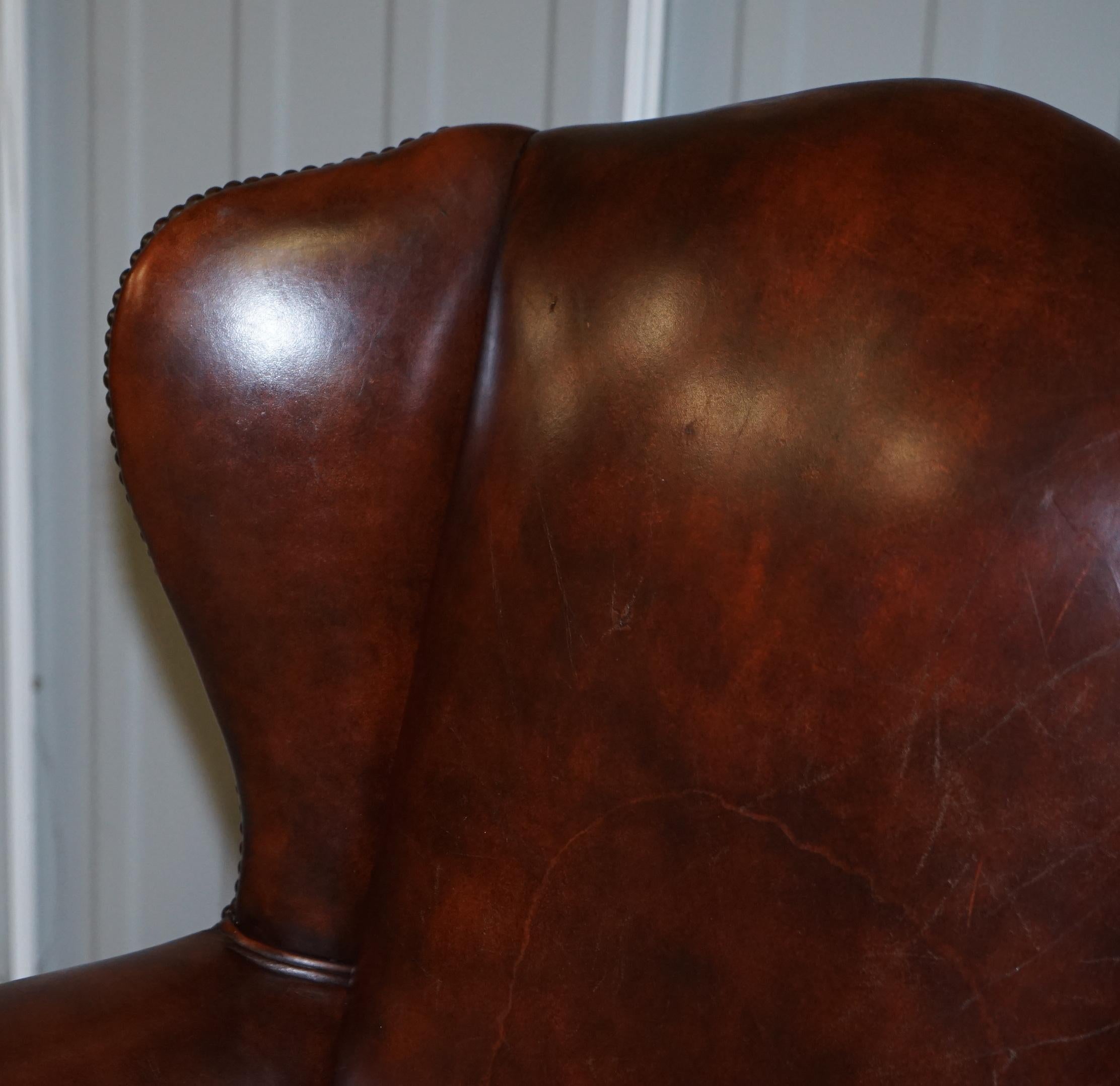 Pair of Lovely Hand Dyed Brown Leather Laid Back Wingback Armchairs Rare Frames 10