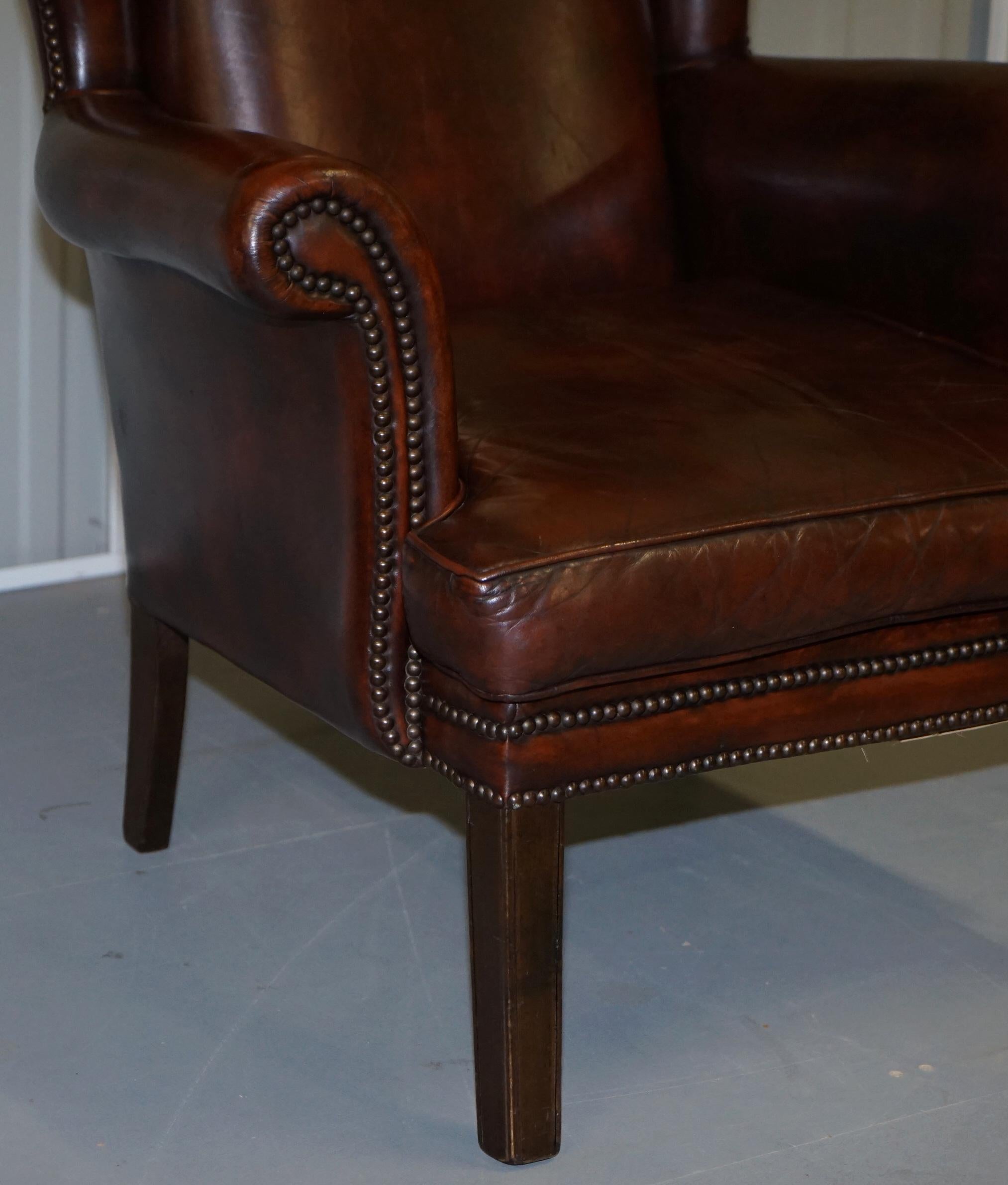 Pair of Lovely Hand Dyed Brown Leather Laid Back Wingback Armchairs Rare Frames 11