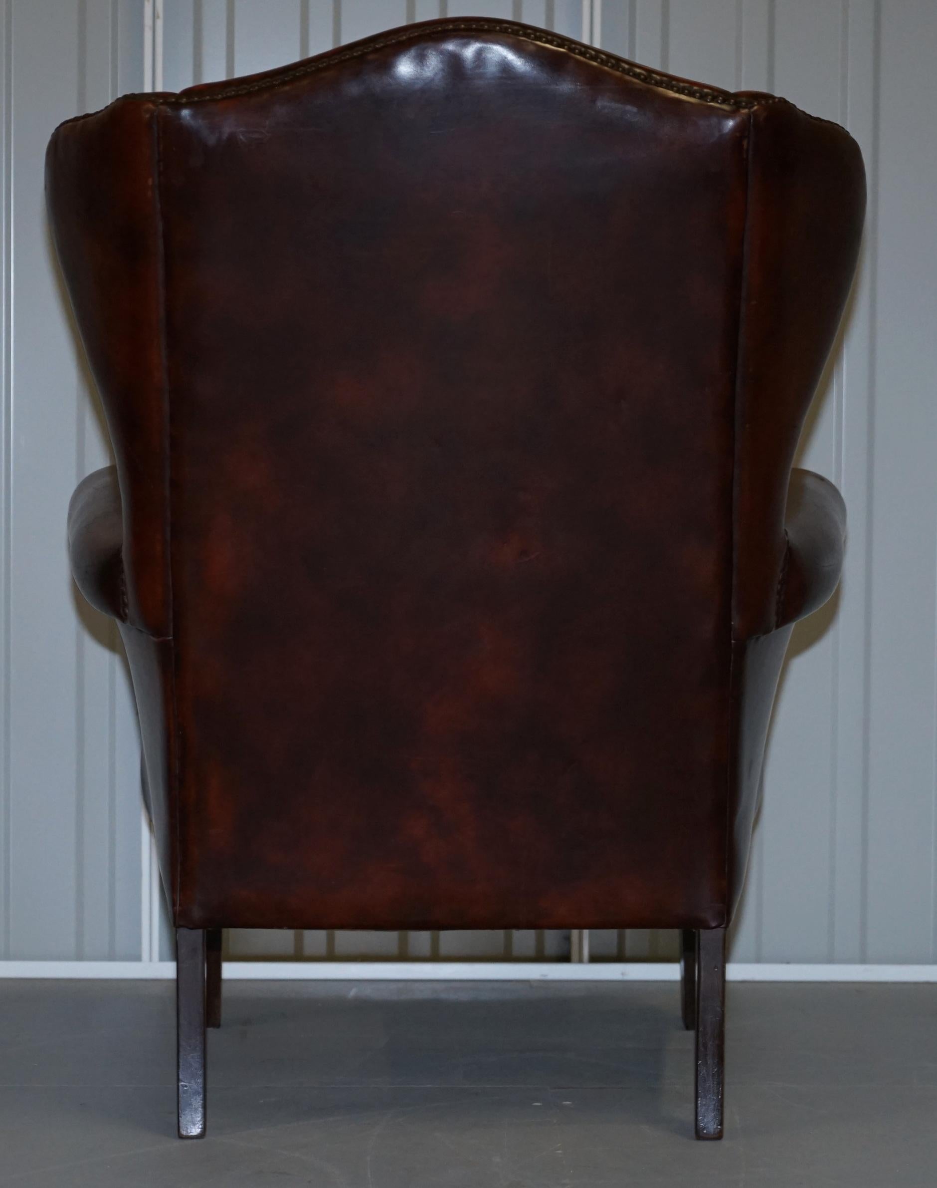 Pair of Lovely Hand Dyed Brown Leather Laid Back Wingback Armchairs Rare Frames 13