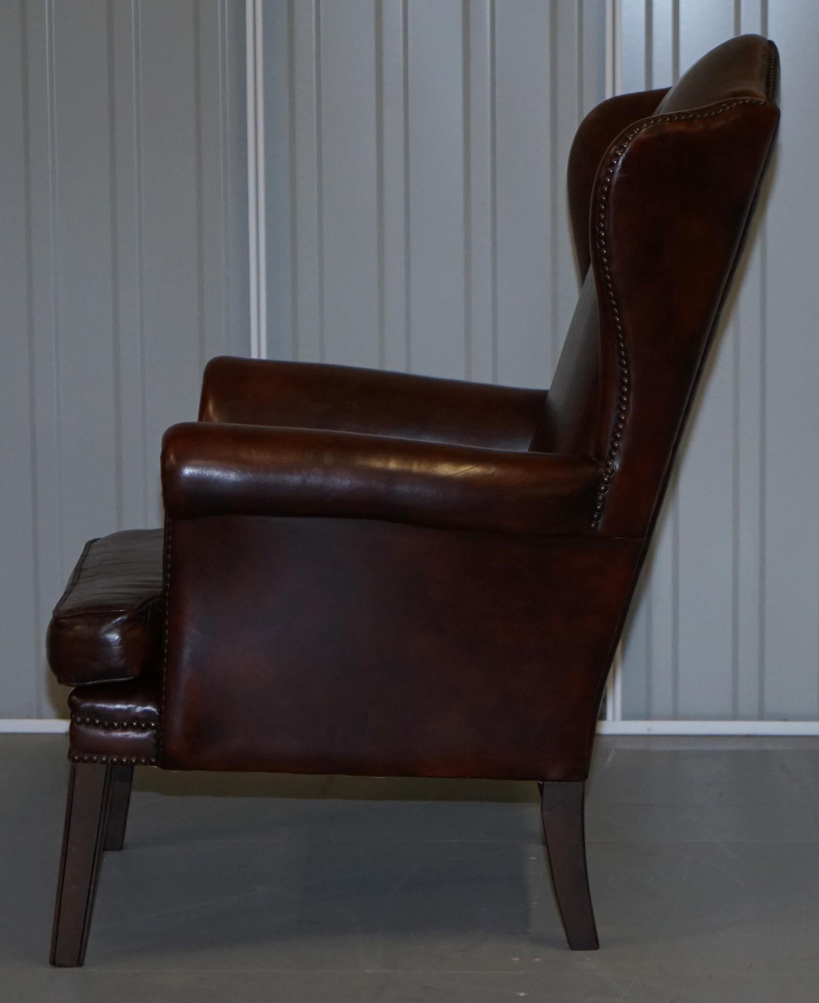 Pair of Lovely Hand Dyed Brown Leather Laid Back Wingback Armchairs Rare Frames 14
