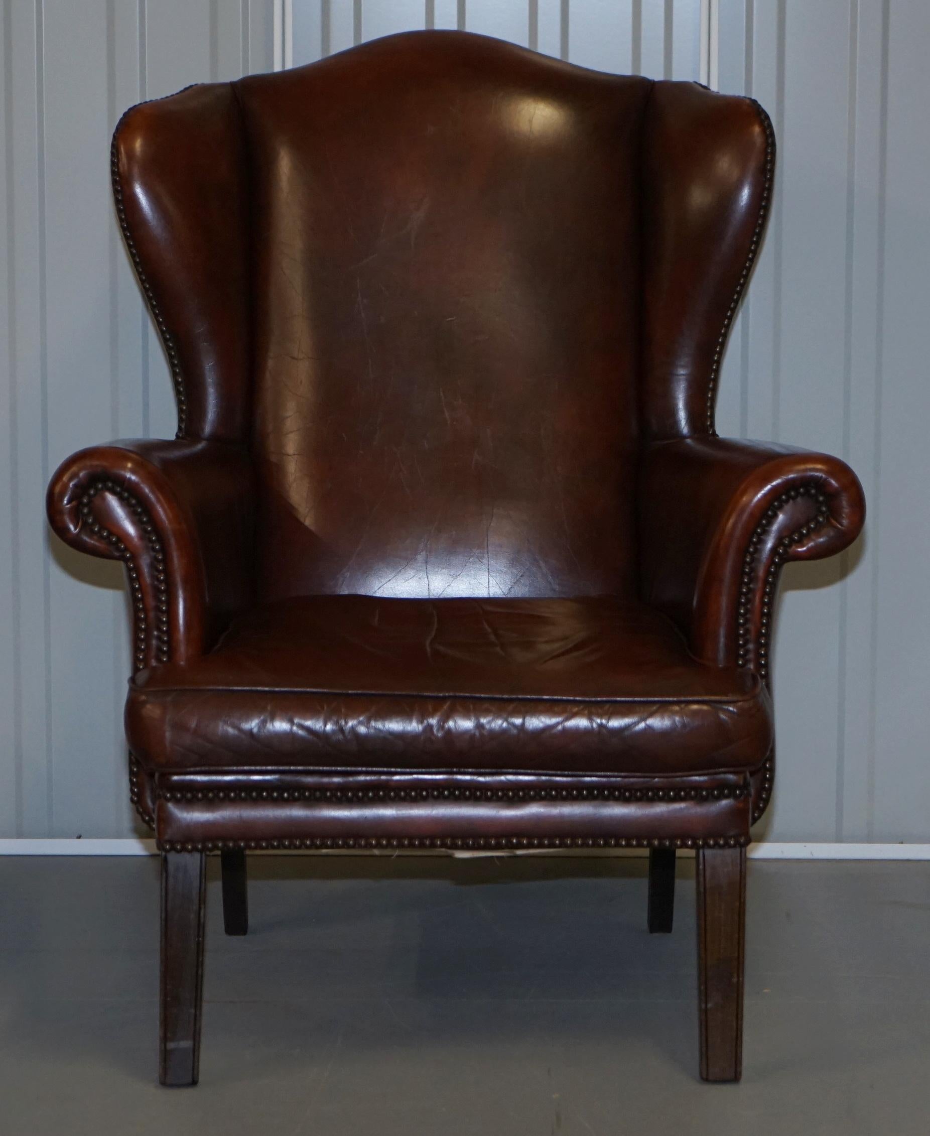 Victorian Pair of Lovely Hand Dyed Brown Leather Laid Back Wingback Armchairs Rare Frames