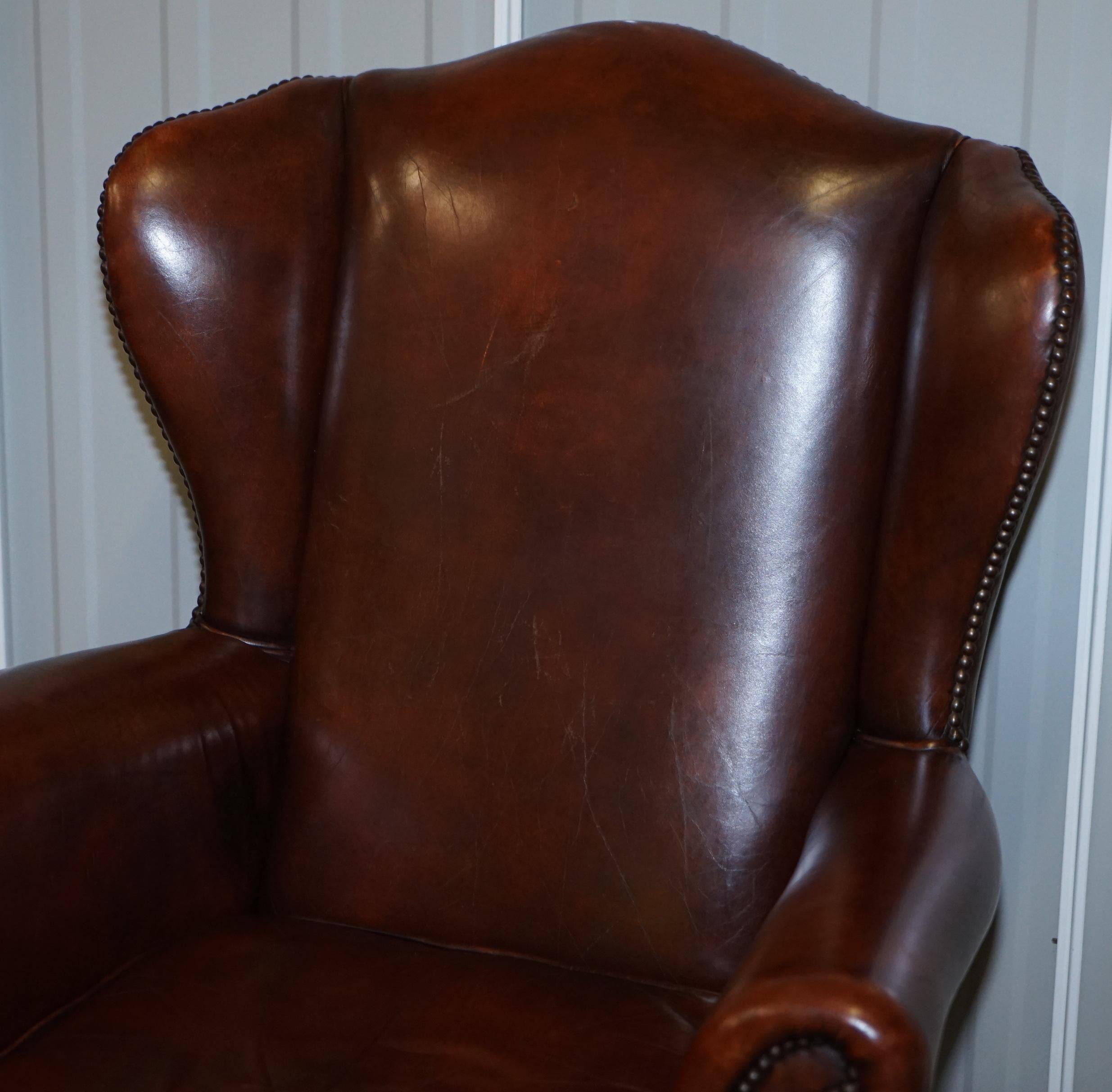 English Pair of Lovely Hand Dyed Brown Leather Laid Back Wingback Armchairs Rare Frames