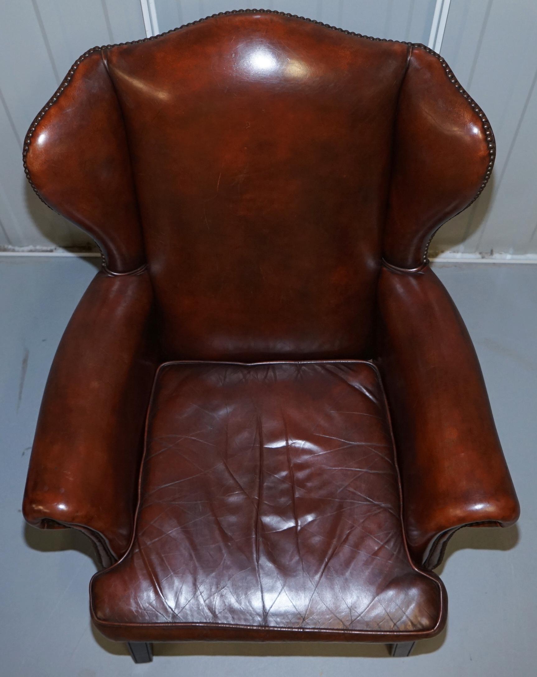 Hand-Crafted Pair of Lovely Hand Dyed Brown Leather Laid Back Wingback Armchairs Rare Frames