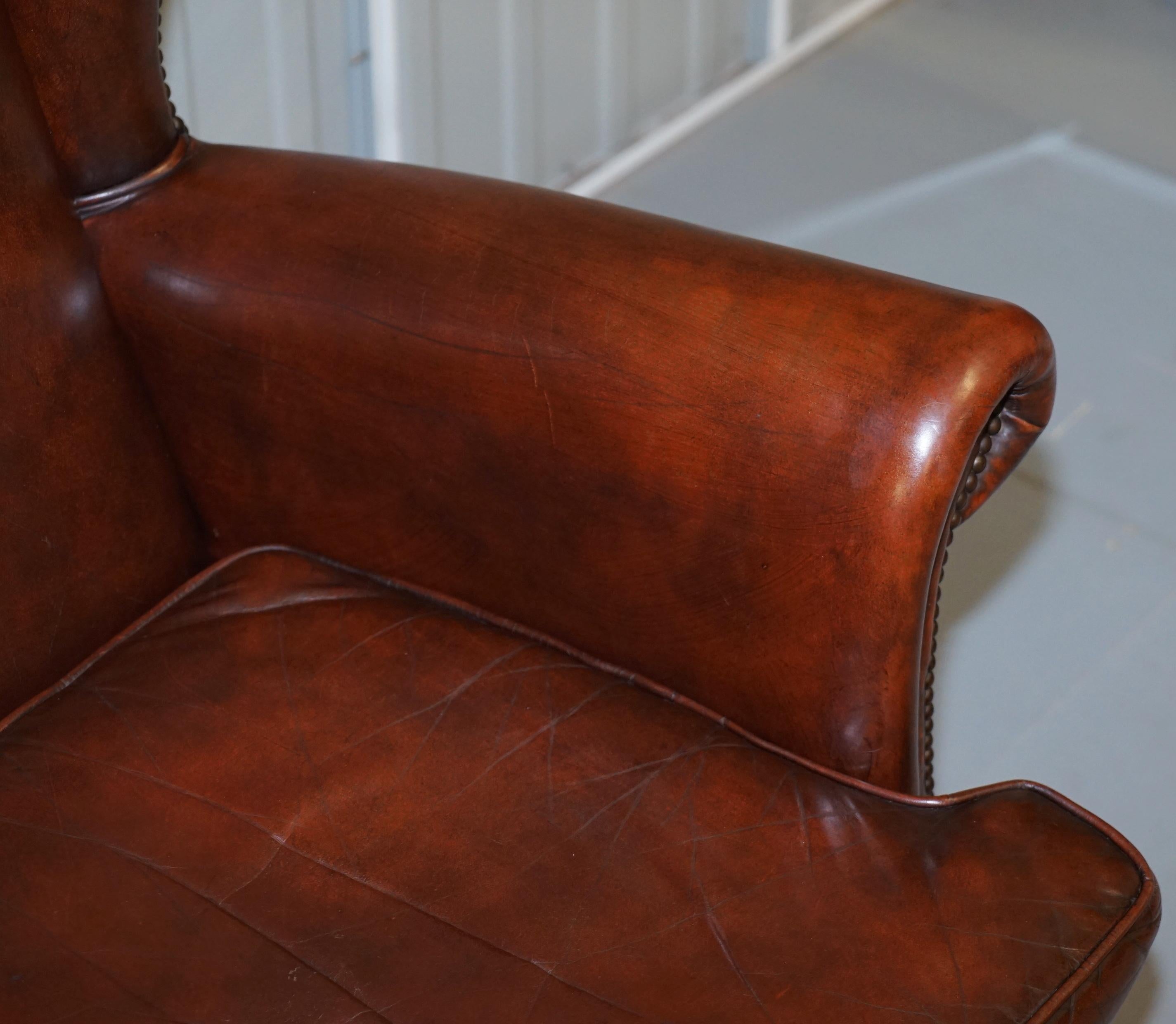 20th Century Pair of Lovely Hand Dyed Brown Leather Laid Back Wingback Armchairs Rare Frames