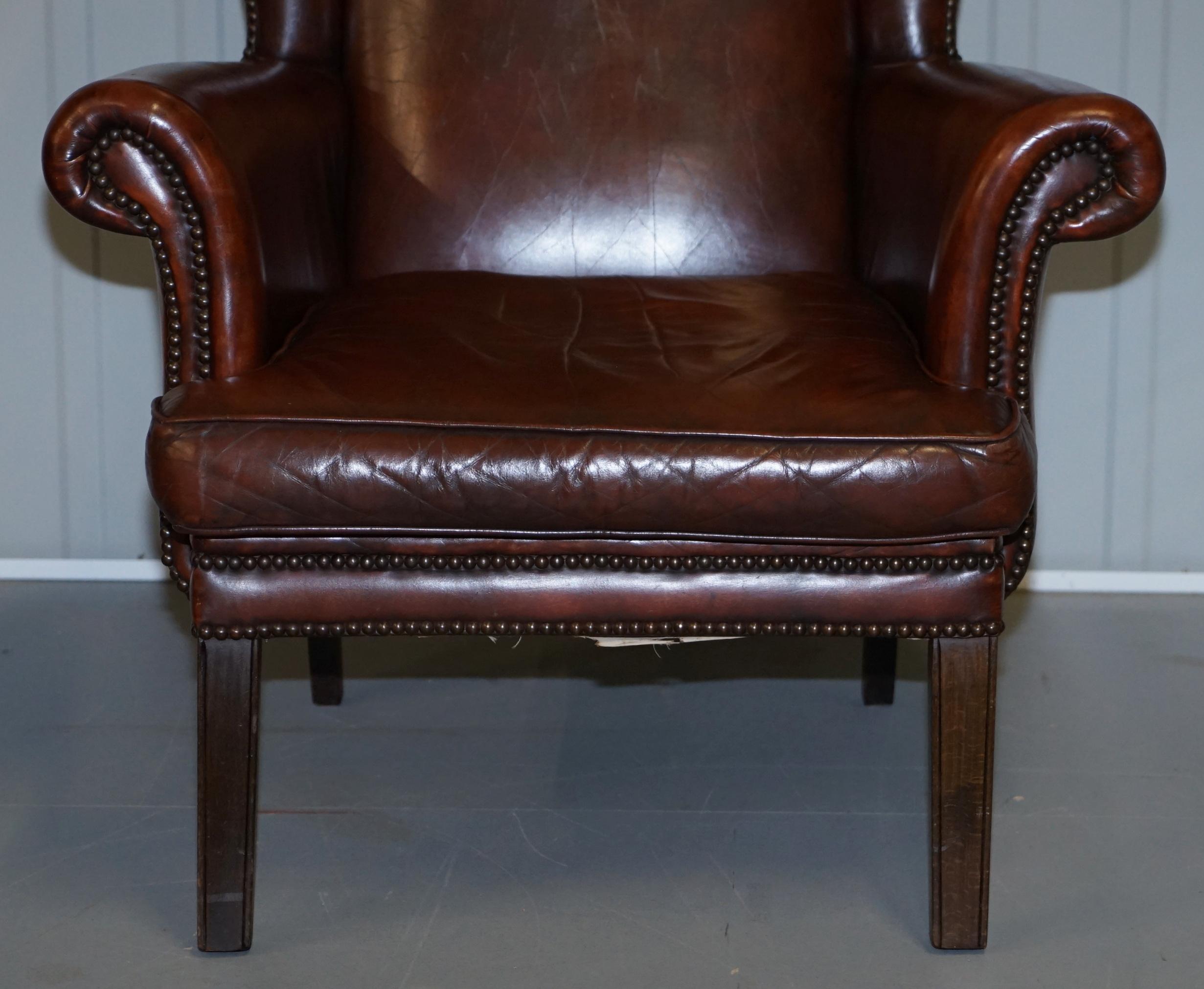 Pair of Lovely Hand Dyed Brown Leather Laid Back Wingback Armchairs Rare Frames 1