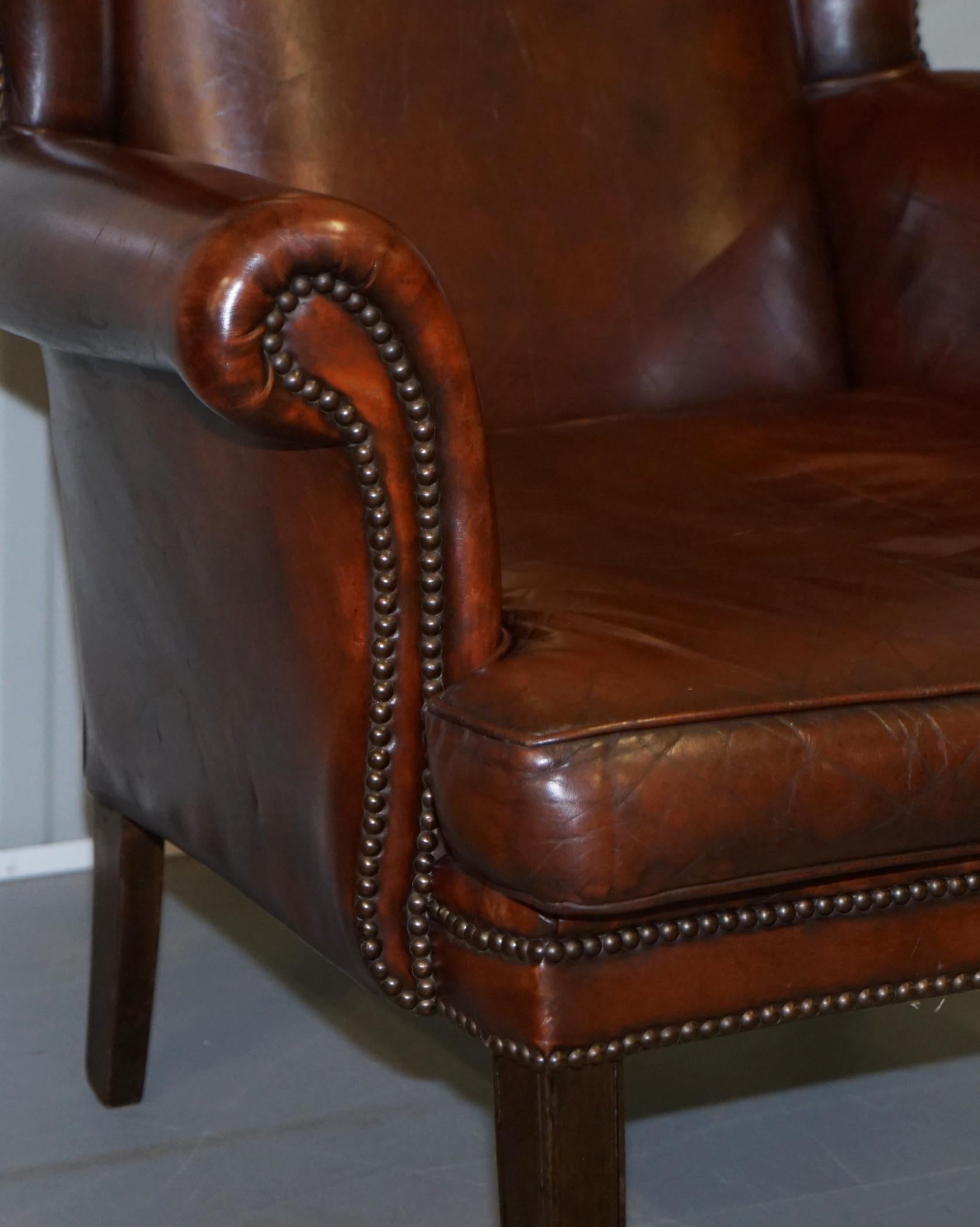 Pair of Lovely Hand Dyed Brown Leather Laid Back Wingback Armchairs Rare Frames 2