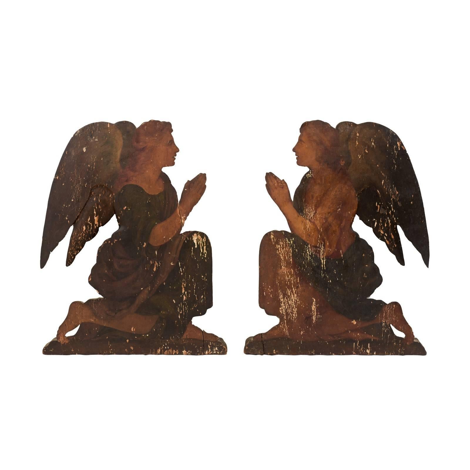 Pair of Lovely Italian 19th Century Painted Wood Angel Plaques