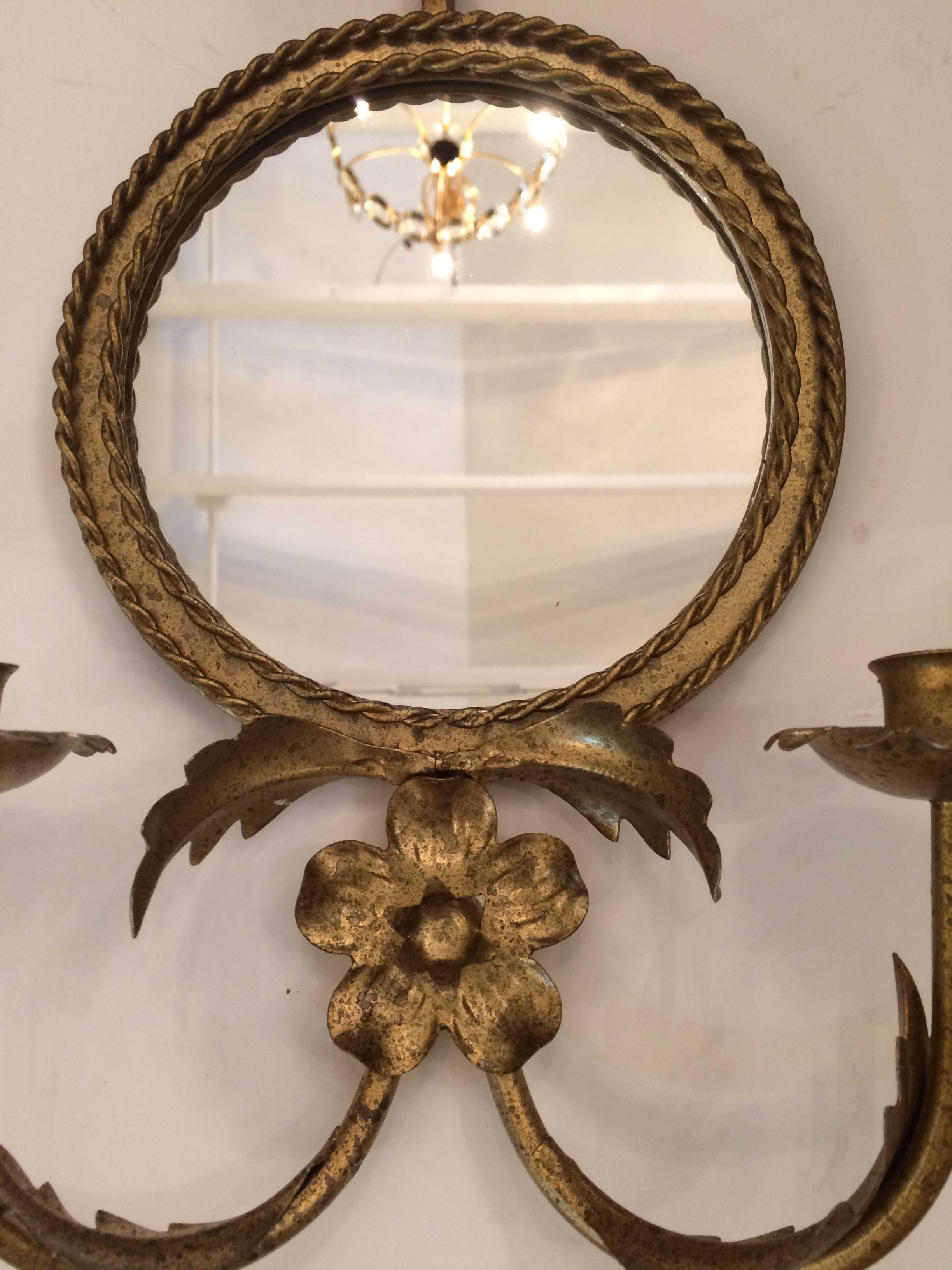 Hollywood Regency Pair of Lovely Italian Giltiron and Tole Sconces with Round Mirrors
