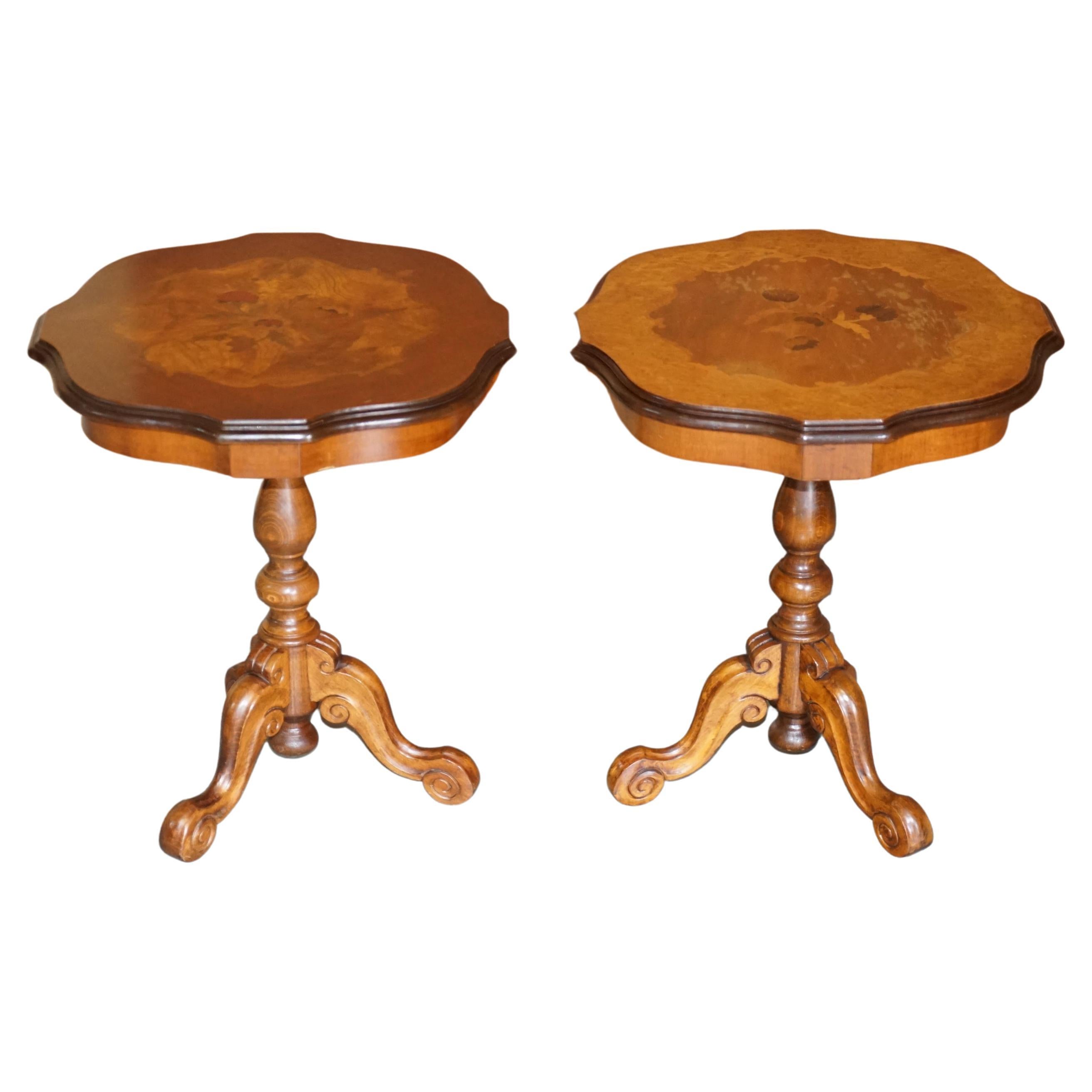 Pair of Lovely Italian Marquetry Inlaid Burr Walnut & Hardwood Side End Tables