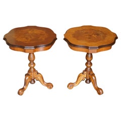 Pair of Lovely Italian Marquetry Inlaid Burr Walnut & Hardwood Side End Tables
