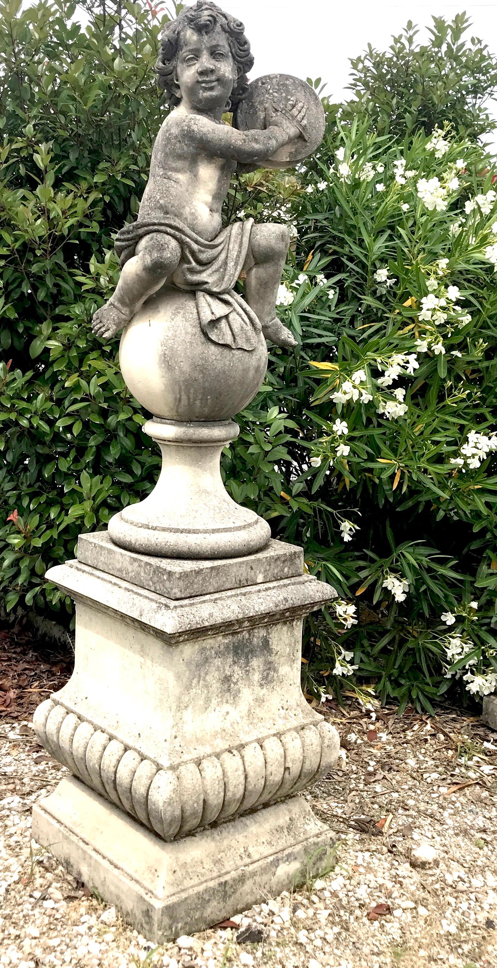 Baroque Pair of Lovely Italian Putto Stone Garden Statues Representing Musicians For Sale