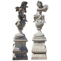 Pair of Lovely Italian Putto Stone Garden Statues Representing Musicians