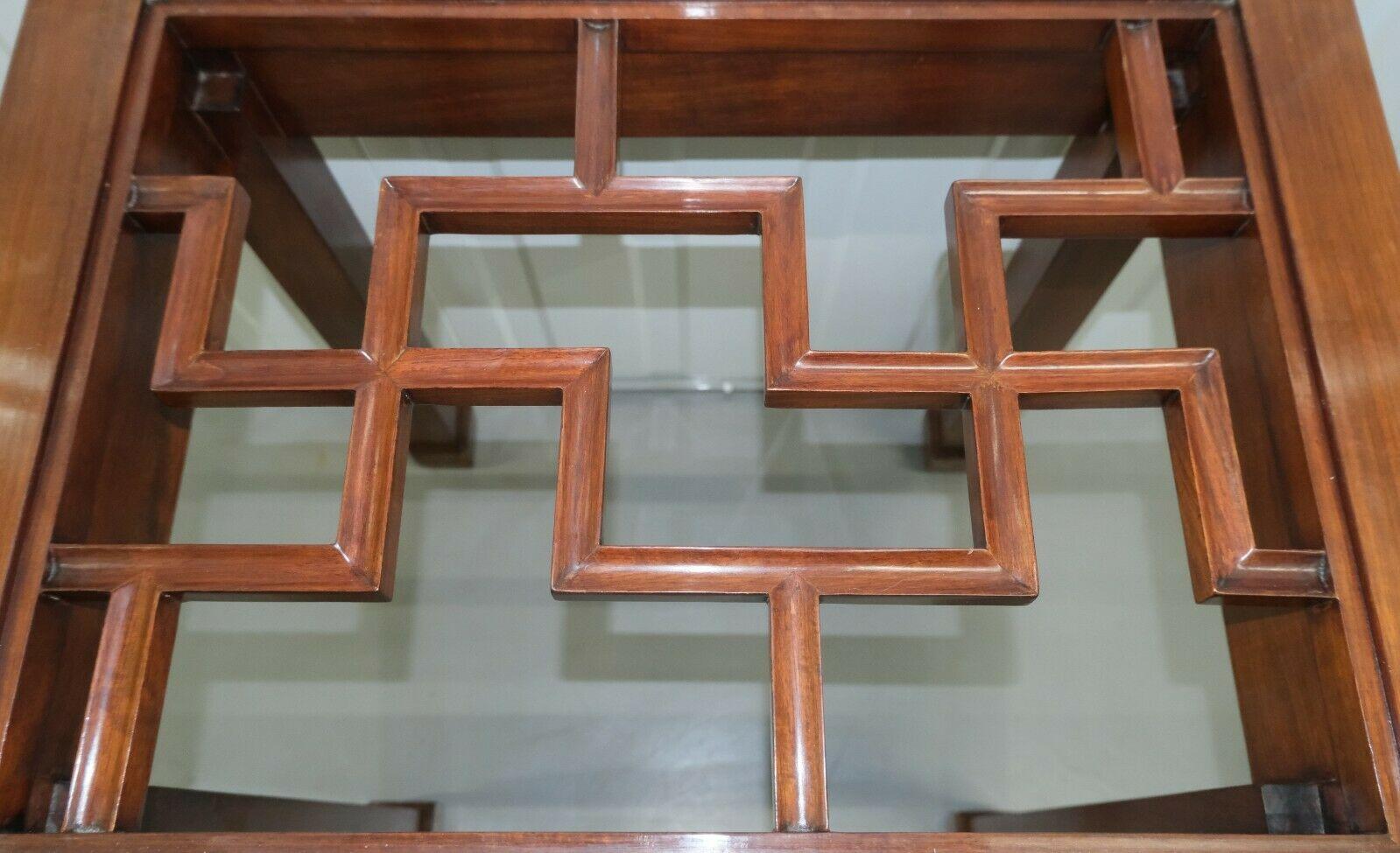 Pair of Lovely Late 20th Century Chinese Hardwood Occasional Tables Glass Top 6