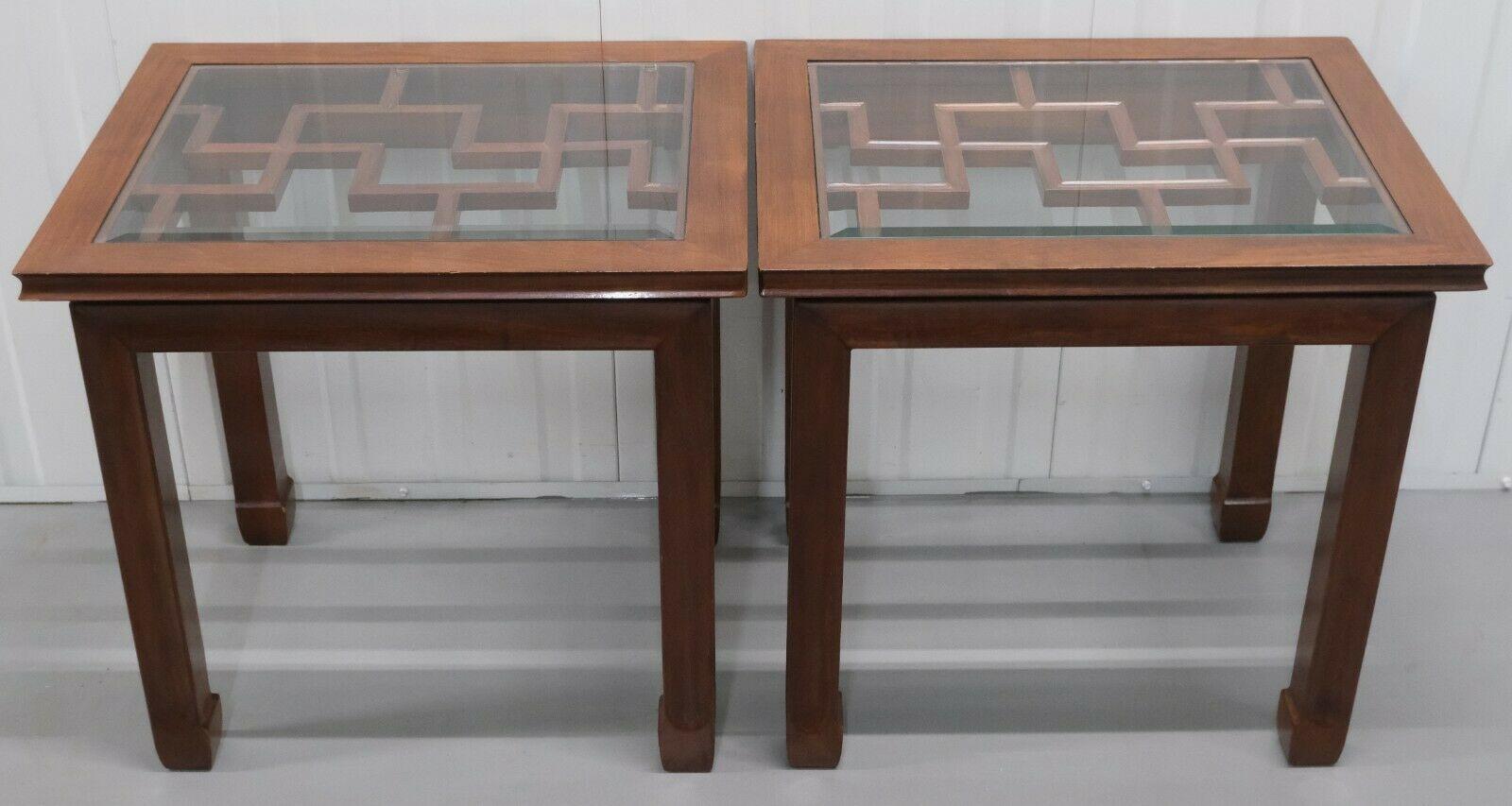 Pair of Lovely Late 20th Century Chinese Hardwood Occasional Tables Glass Top 1