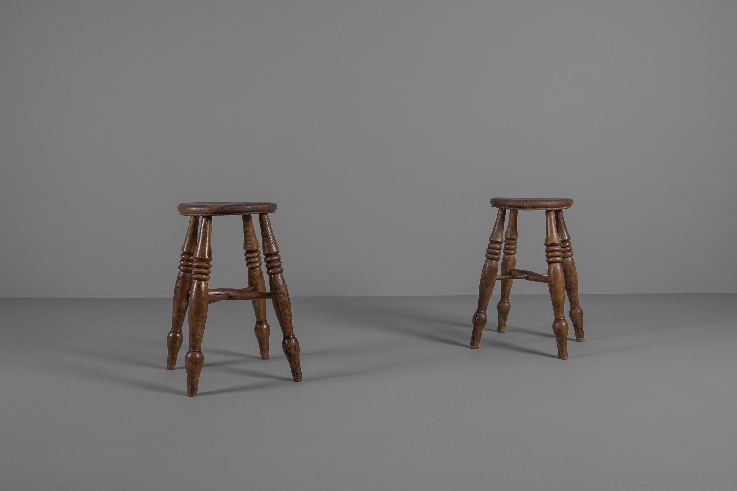 French Provincial Pair of Lovely Old Wooden Stools, 1950s France