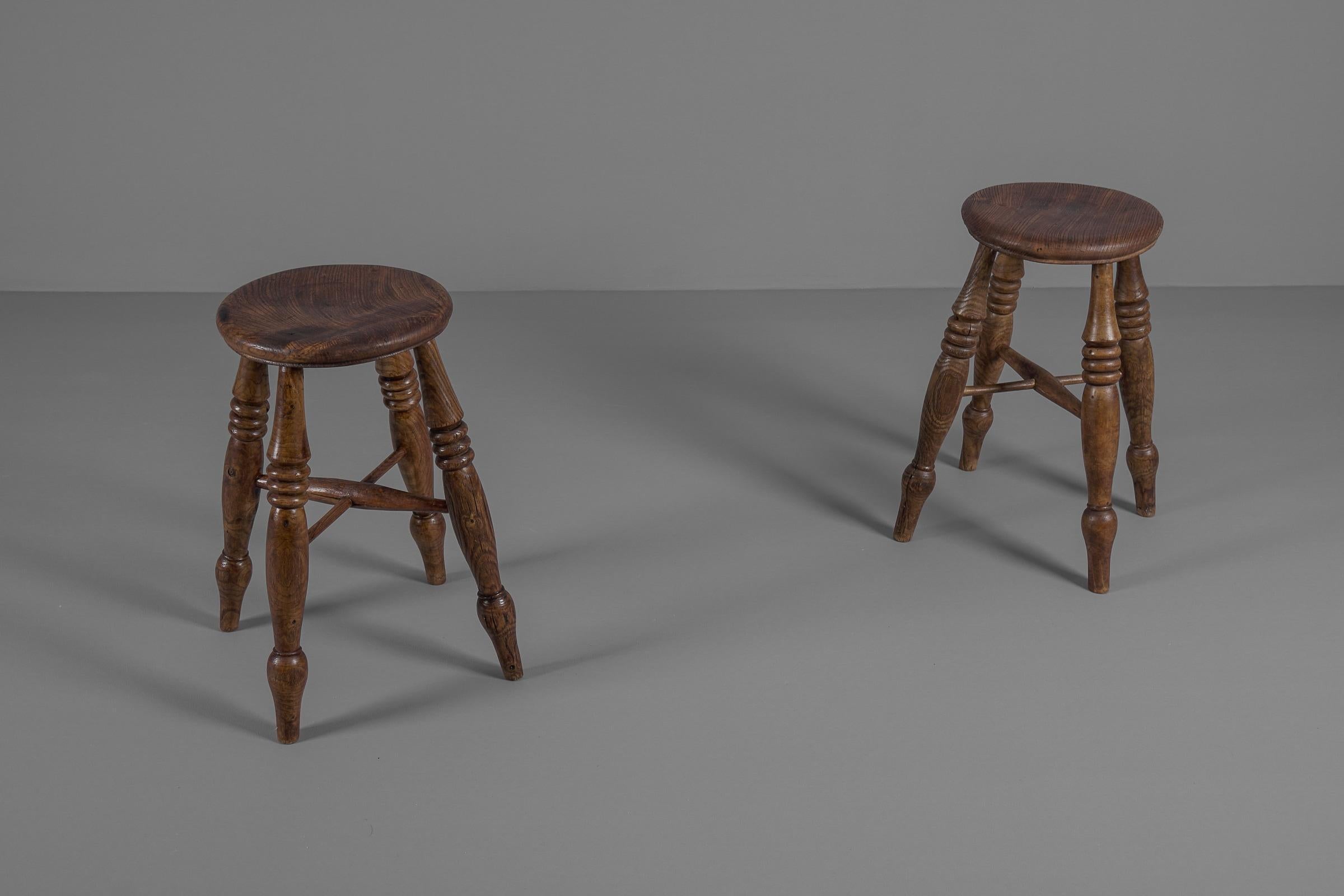 European Pair of Lovely Old Wooden Stools, 1950s France