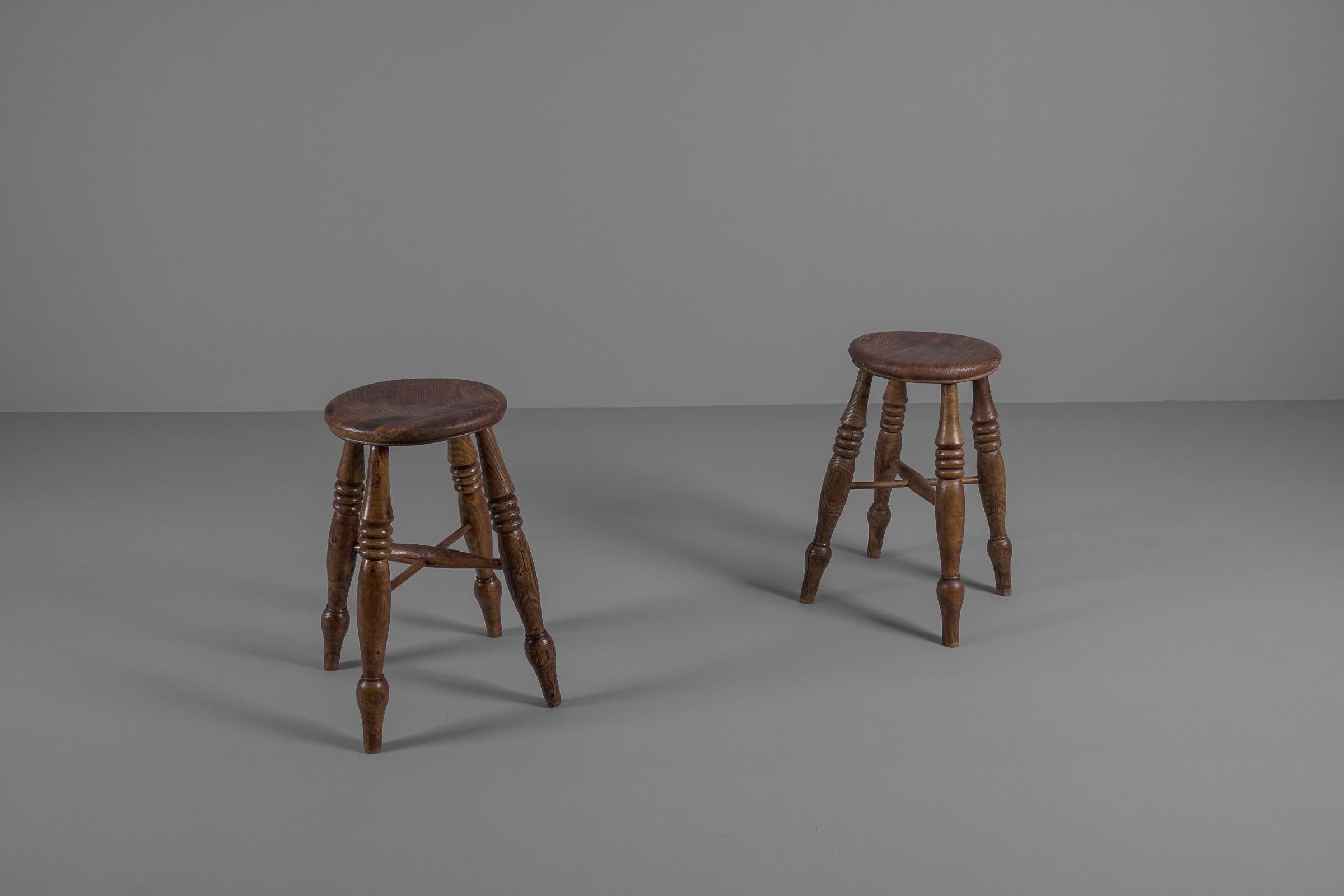 Lacquered Pair of Lovely Old Wooden Stools, 1950s France