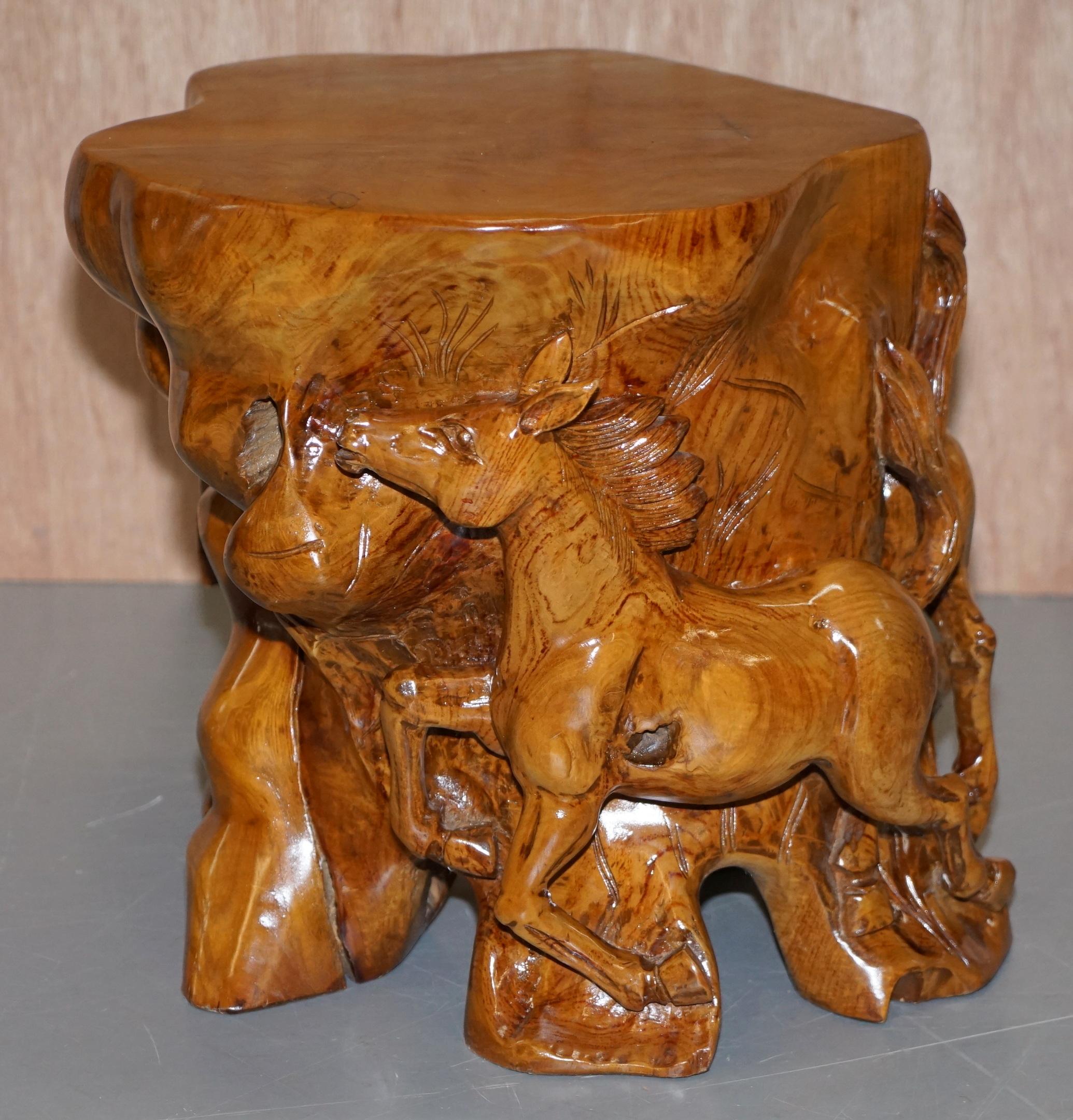 Pair of Lovely Root Wood Carved Equestrian Galloping Horse Side End Lamp Tables 6