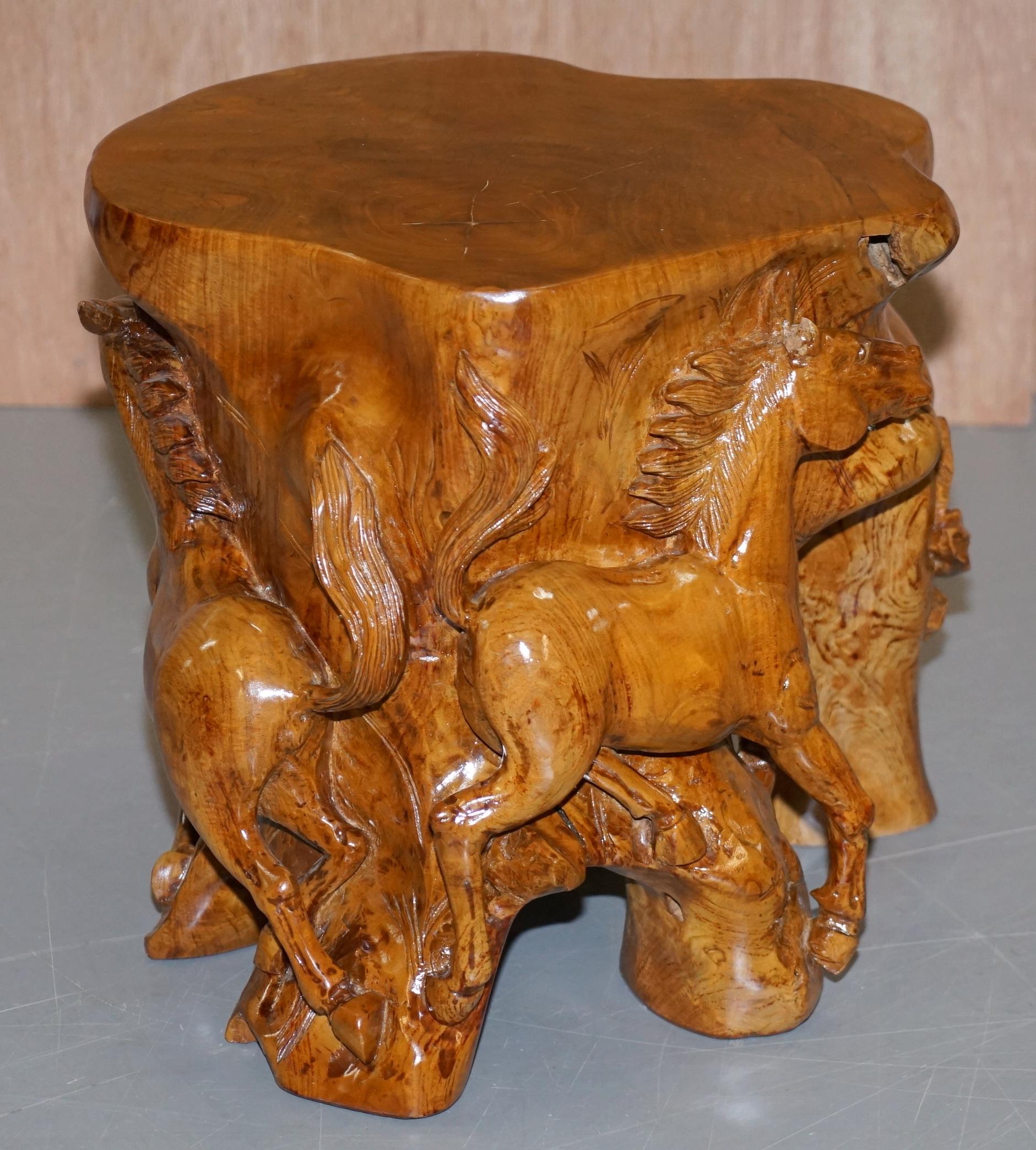 Pair of Lovely Root Wood Carved Equestrian Galloping Horse Side End Lamp Tables 9