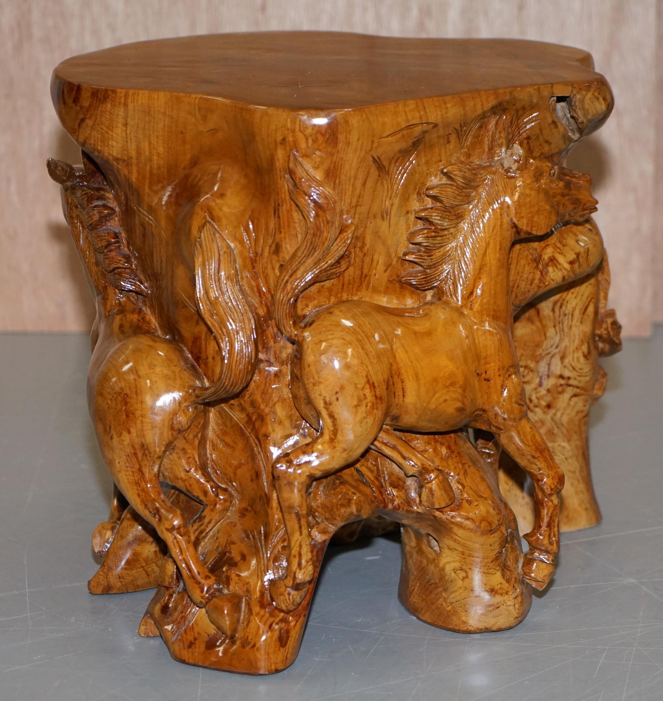 Pair of Lovely Root Wood Carved Equestrian Galloping Horse Side End Lamp Tables 10