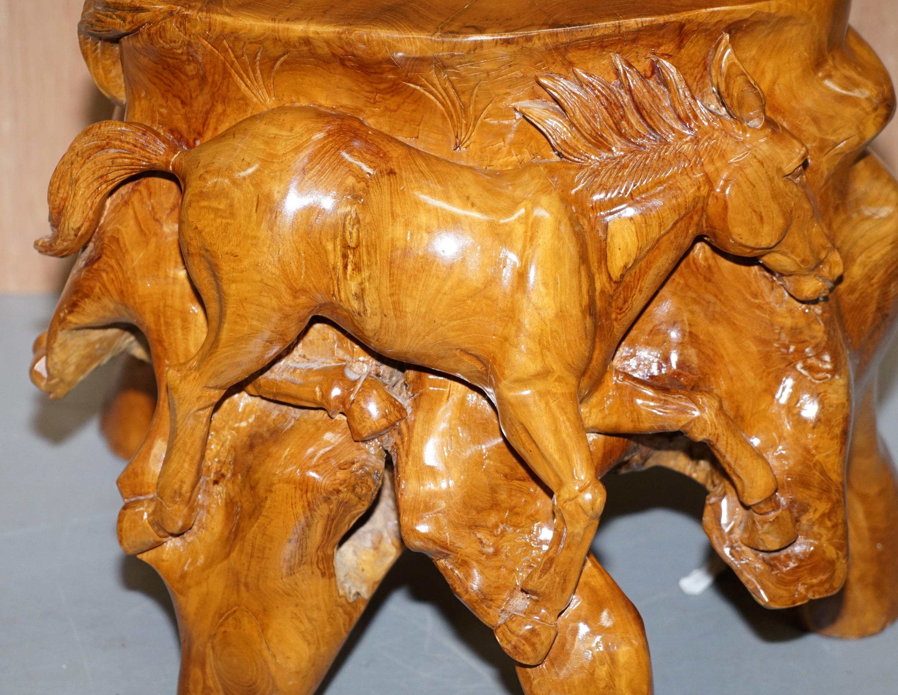 Modern Pair of Lovely Root Wood Carved Equestrian Galloping Horse Side End Lamp Tables