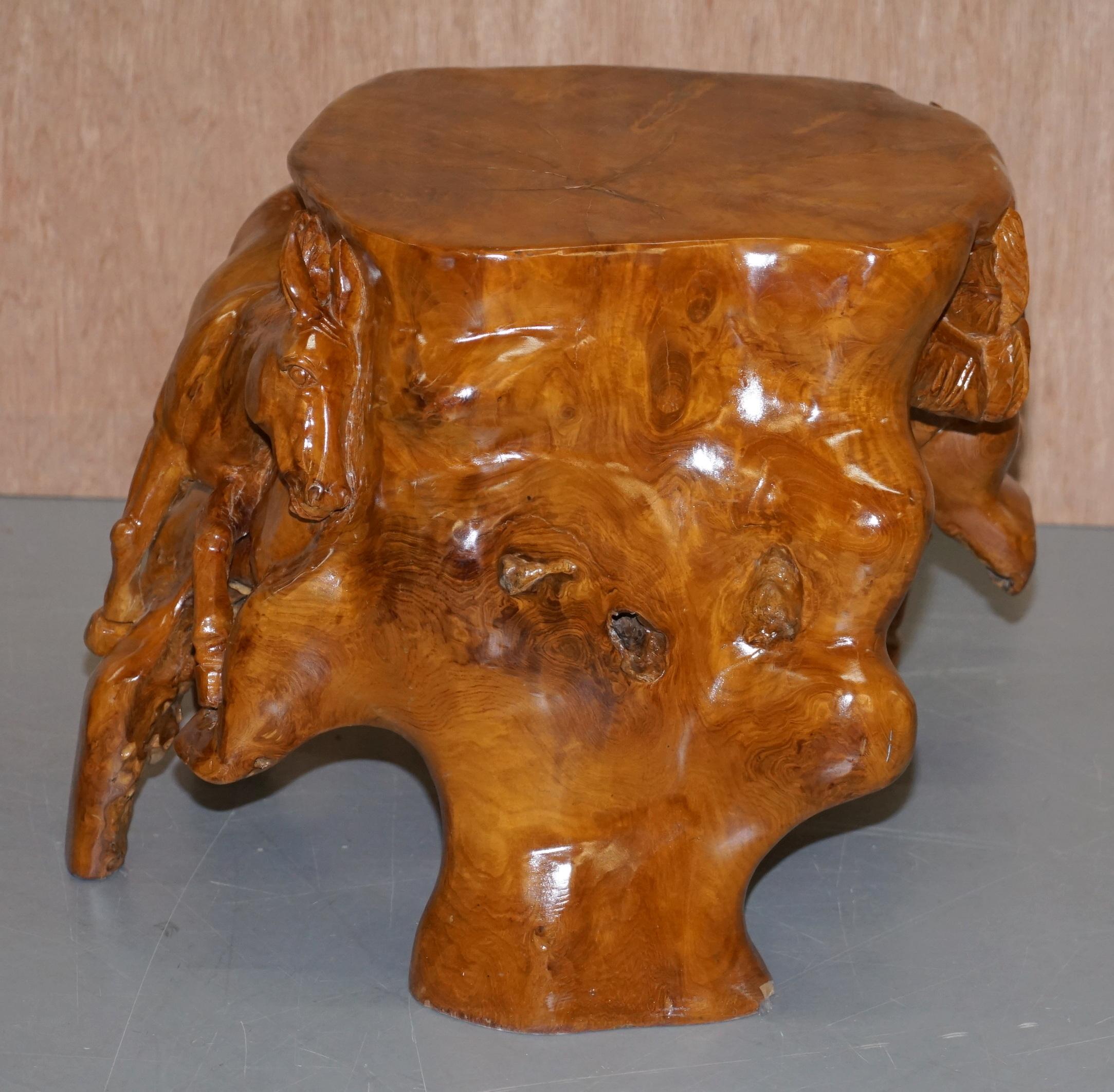 Hand-Crafted Pair of Lovely Root Wood Carved Equestrian Galloping Horse Side End Lamp Tables