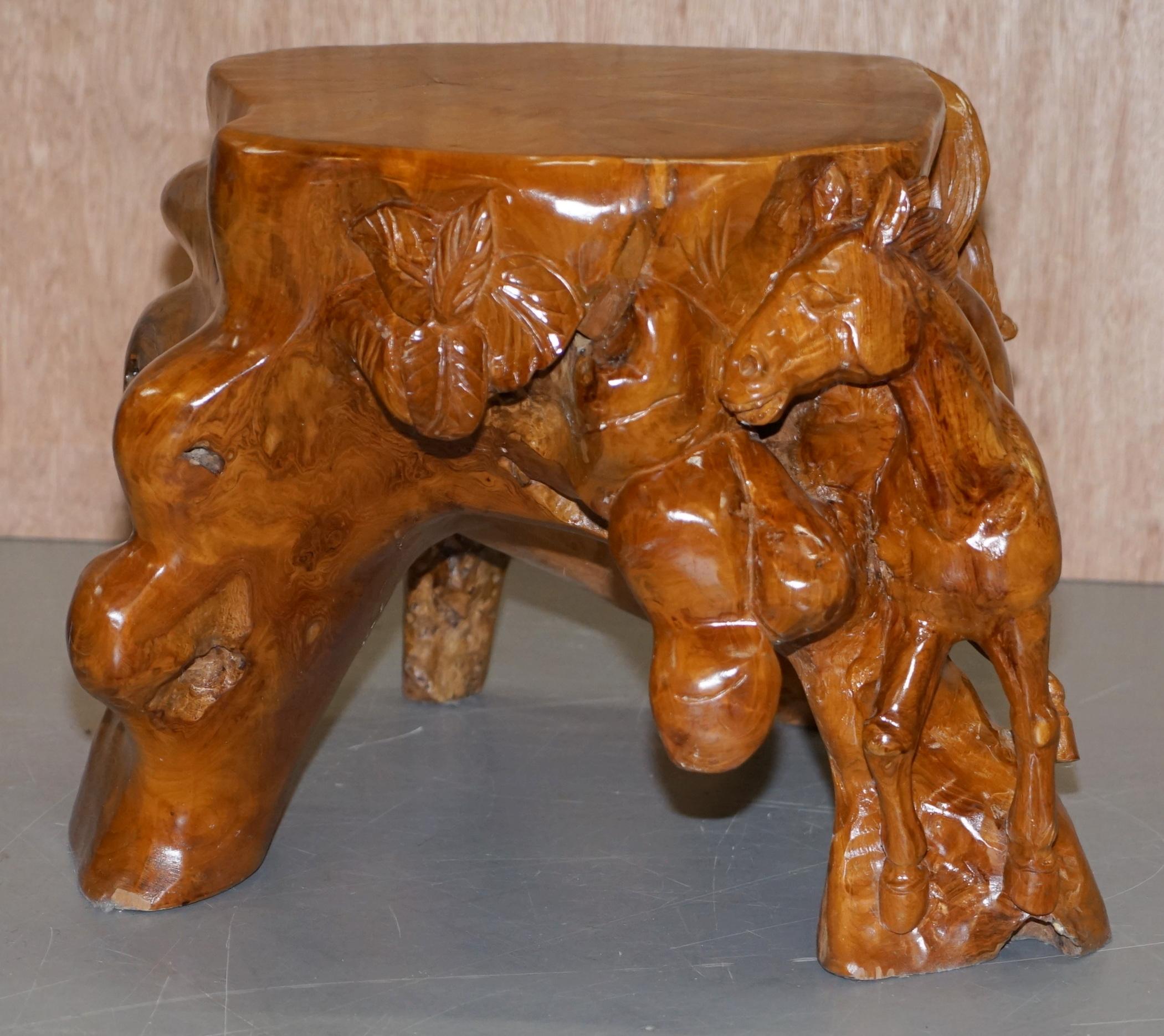 20th Century Pair of Lovely Root Wood Carved Equestrian Galloping Horse Side End Lamp Tables