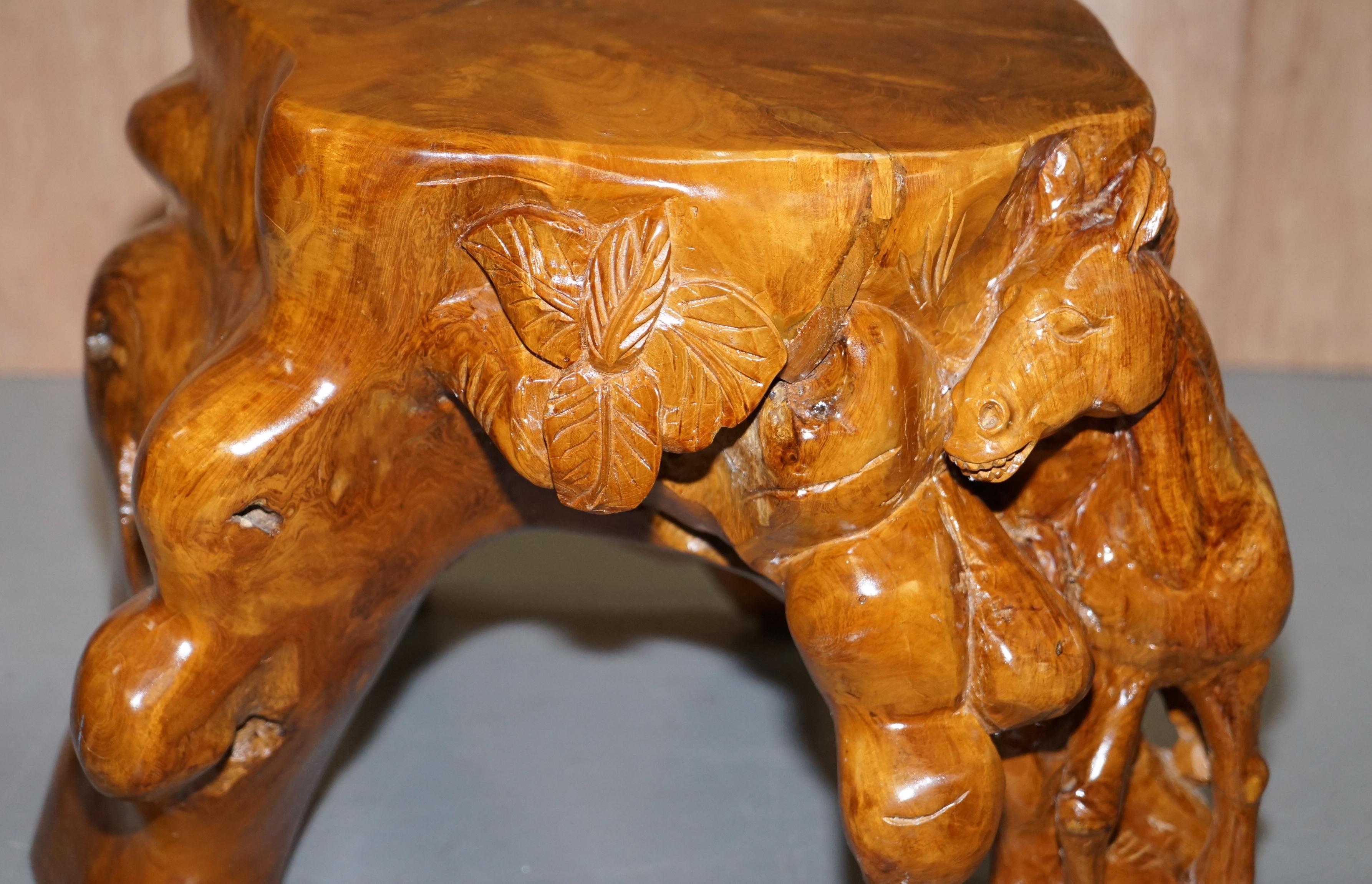 Pair of Lovely Root Wood Carved Equestrian Galloping Horse Side End Lamp Tables 1