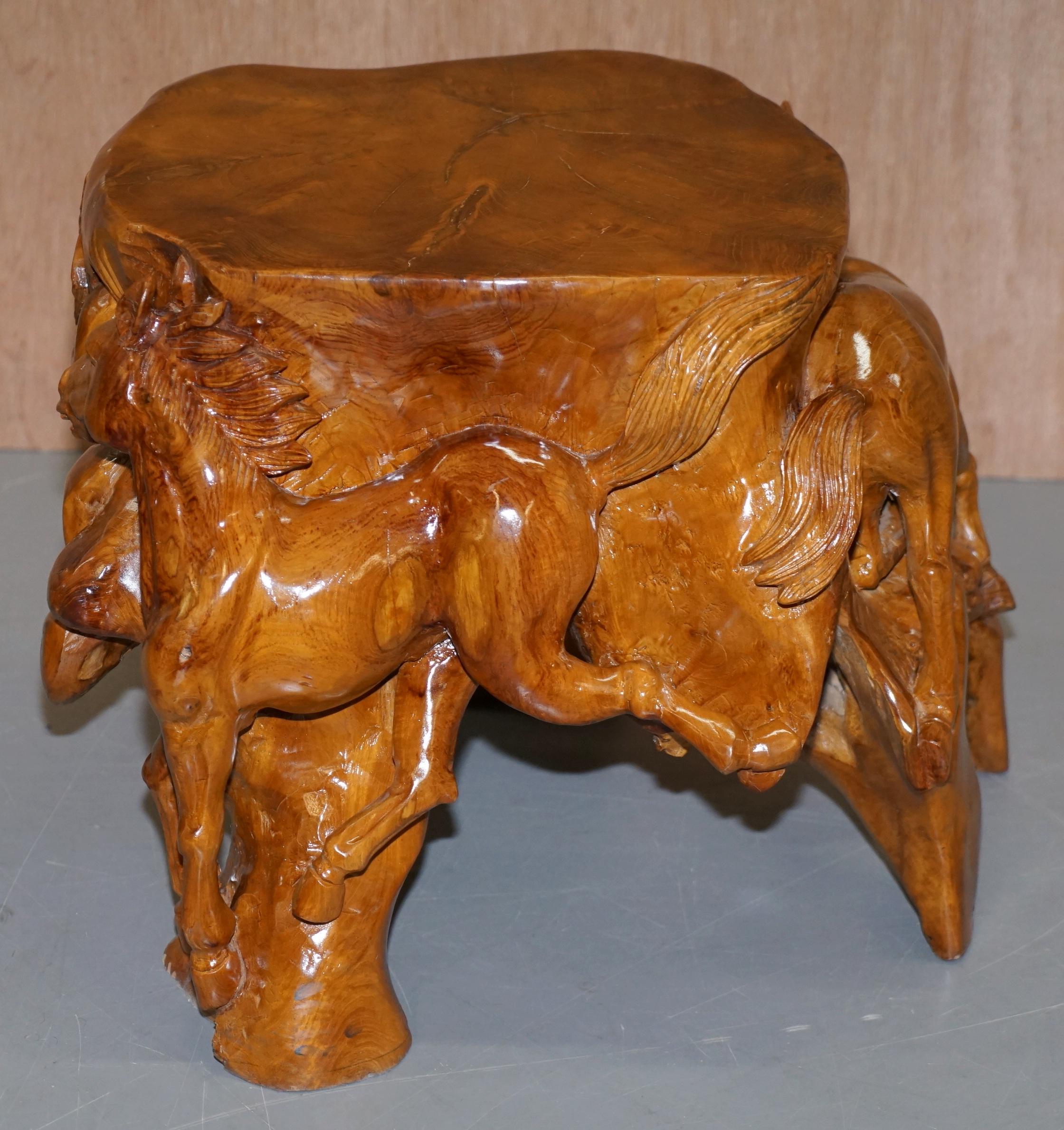 Pair of Lovely Root Wood Carved Equestrian Galloping Horse Side End Lamp Tables 3