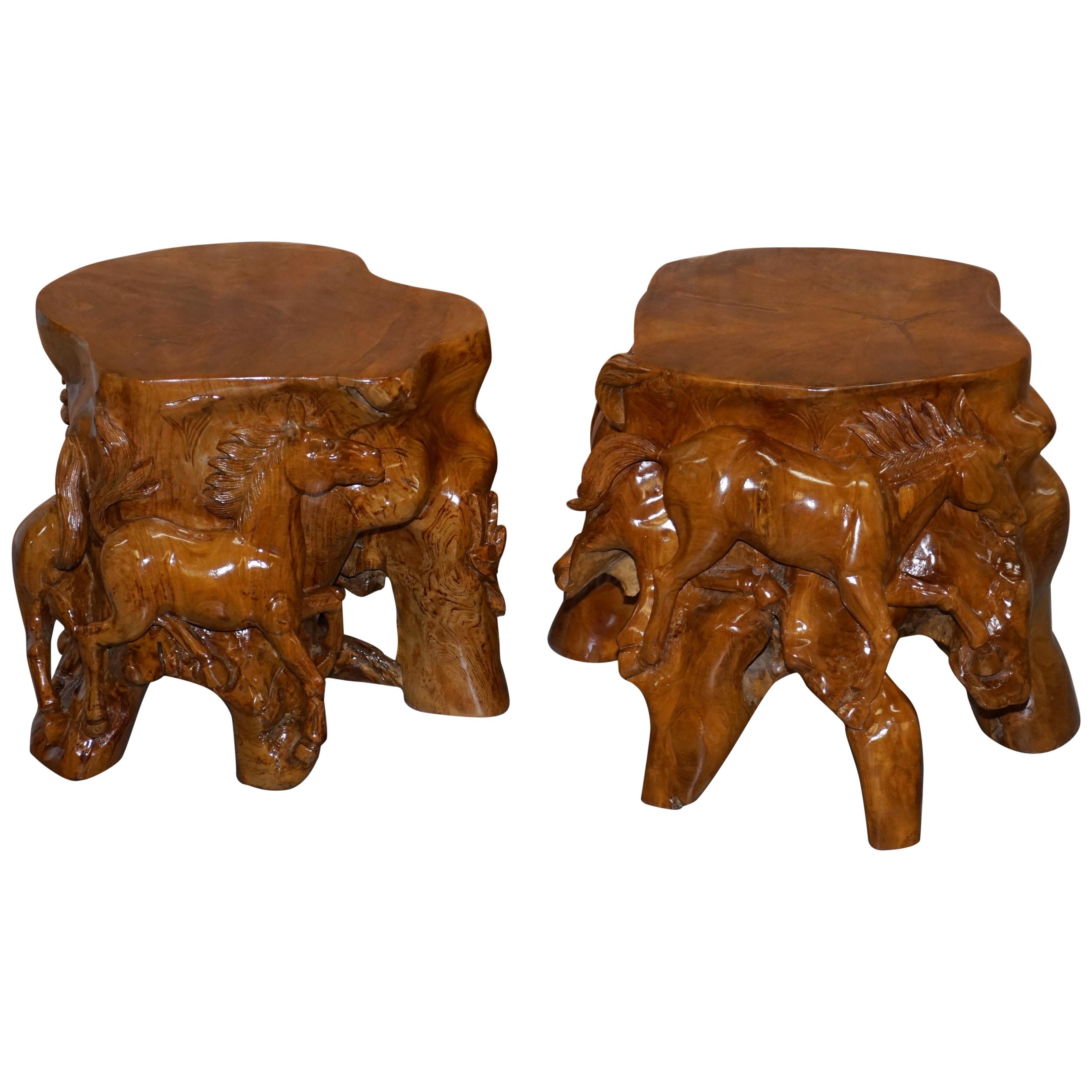 Pair of Lovely Root Wood Carved Equestrian Galloping Horse Side End Lamp Tables