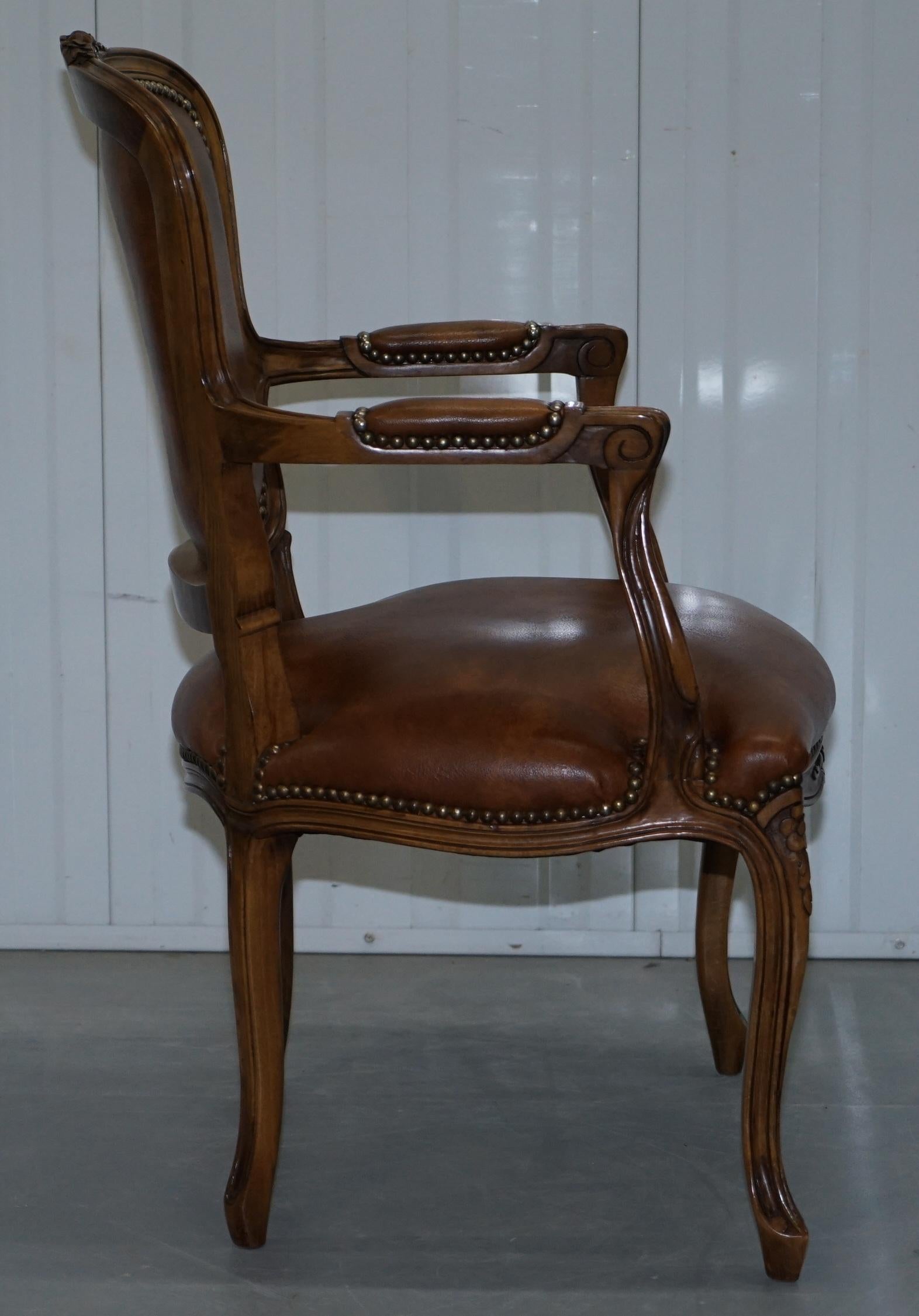 Pair of Lovely Vintage Aged Brown Leather French Louis XVII Fratelli Armchairs 2