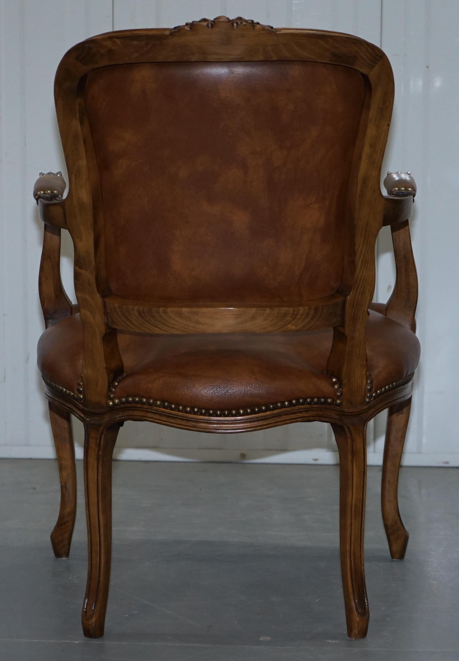 Pair of Lovely Vintage Aged Brown Leather French Louis XVII Fratelli Armchairs 3
