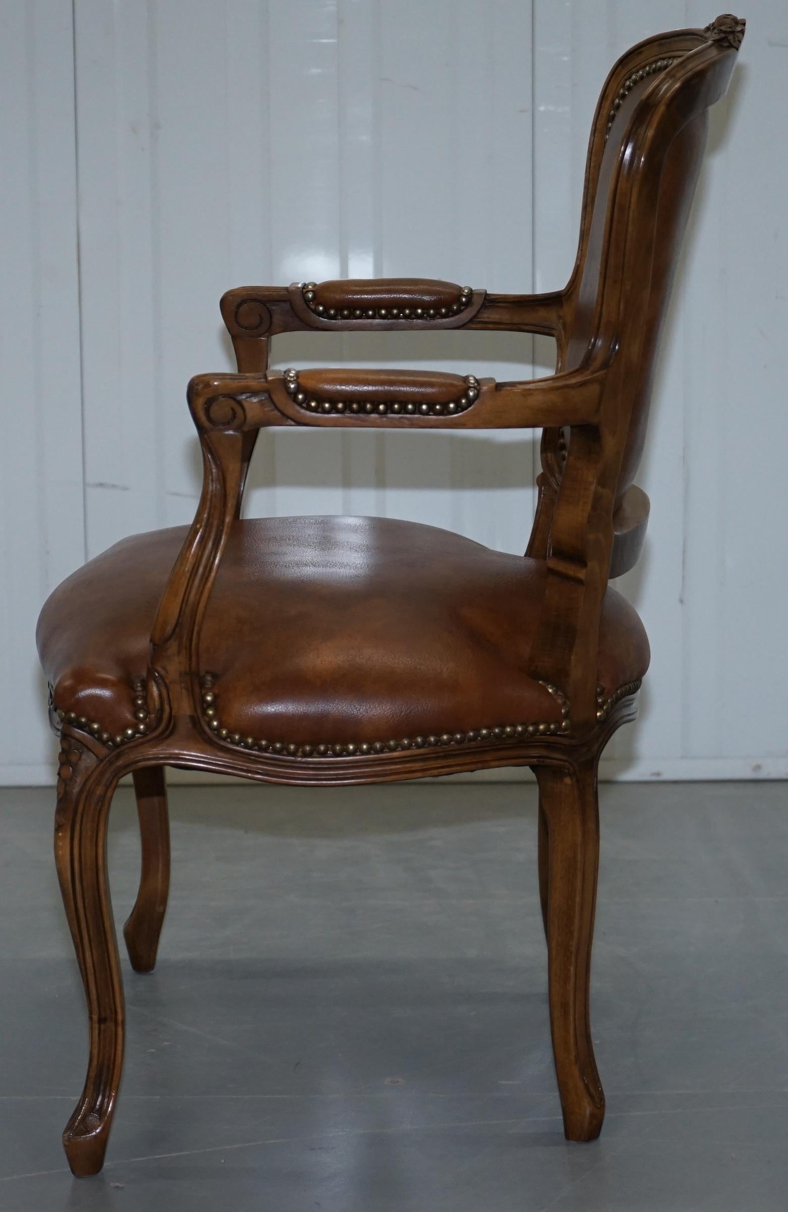 Pair of Lovely Vintage Aged Brown Leather French Louis XVII Fratelli Armchairs 4