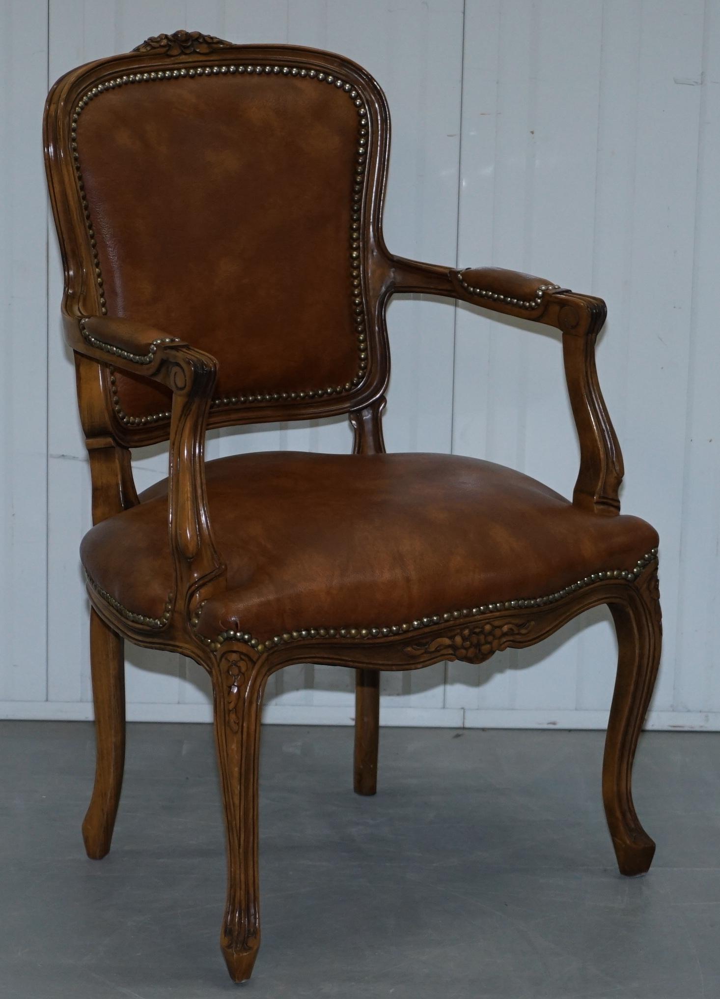 Pair of Lovely Vintage Aged Brown Leather French Louis XVII Fratelli Armchairs 5