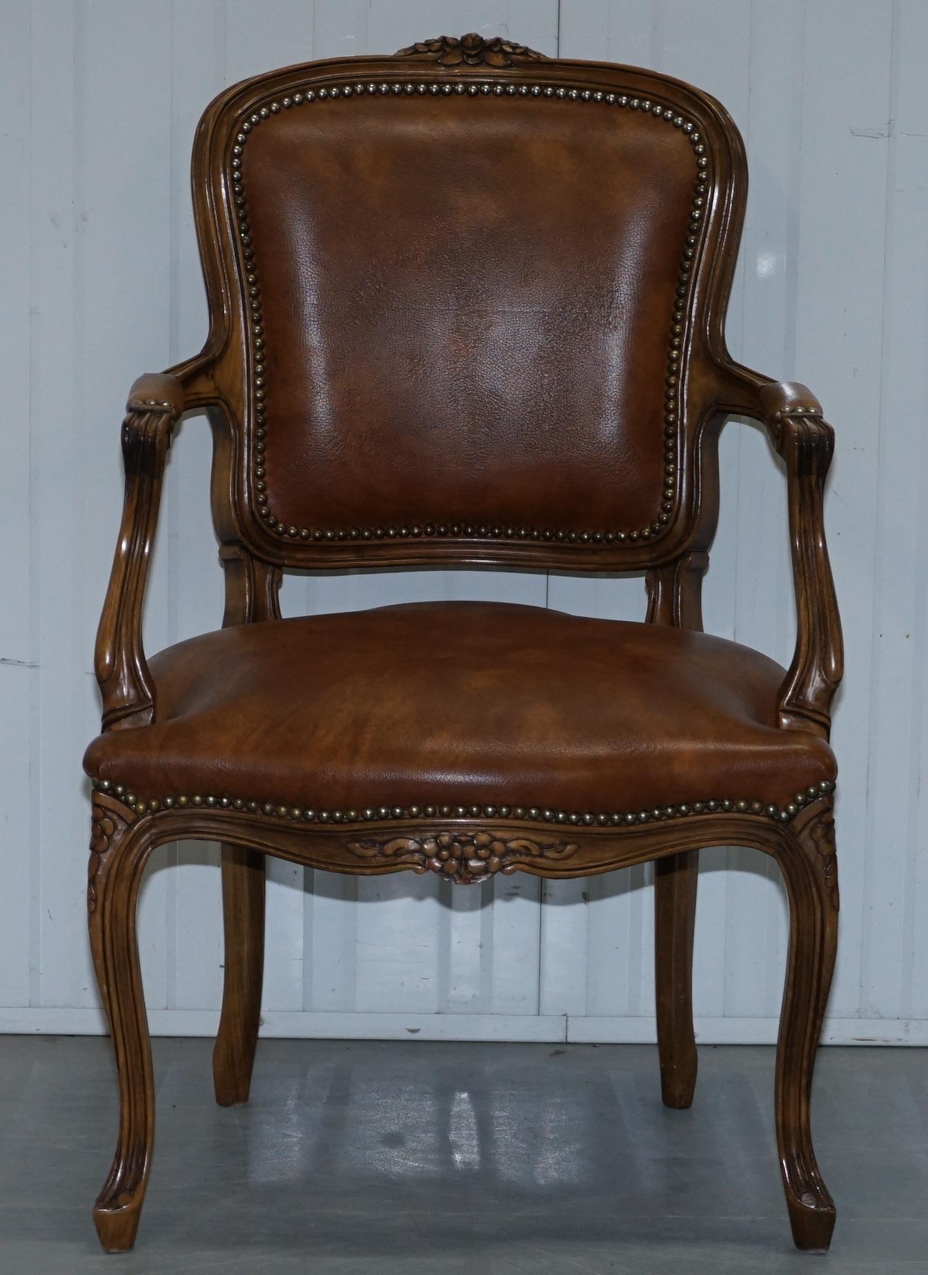 Pair of Lovely Vintage Aged Brown Leather French Louis XVII Fratelli Armchairs 6