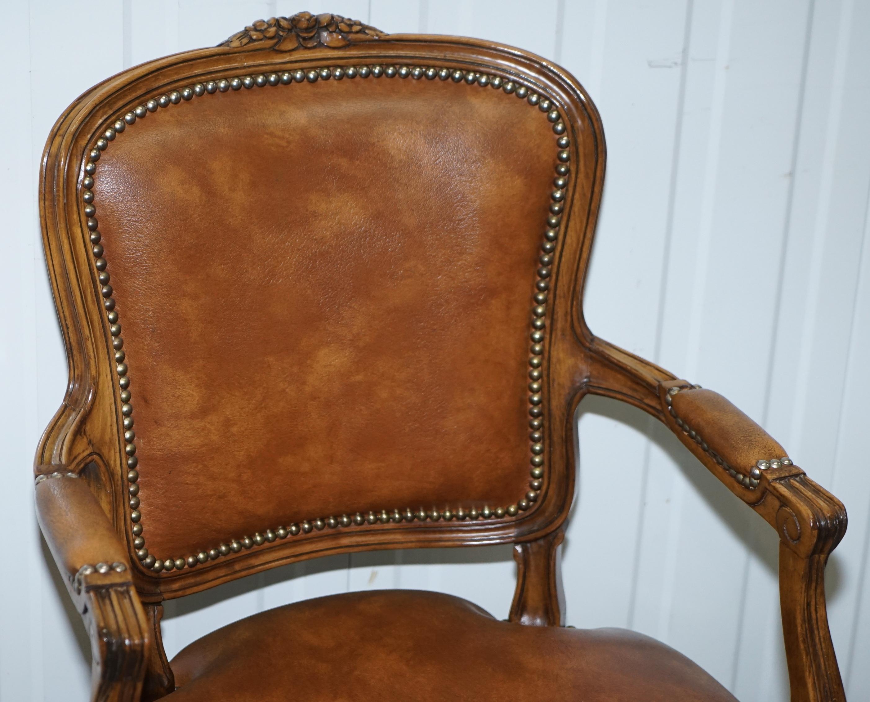 Pair of Lovely Vintage Aged Brown Leather French Louis XVII Fratelli Armchairs 7