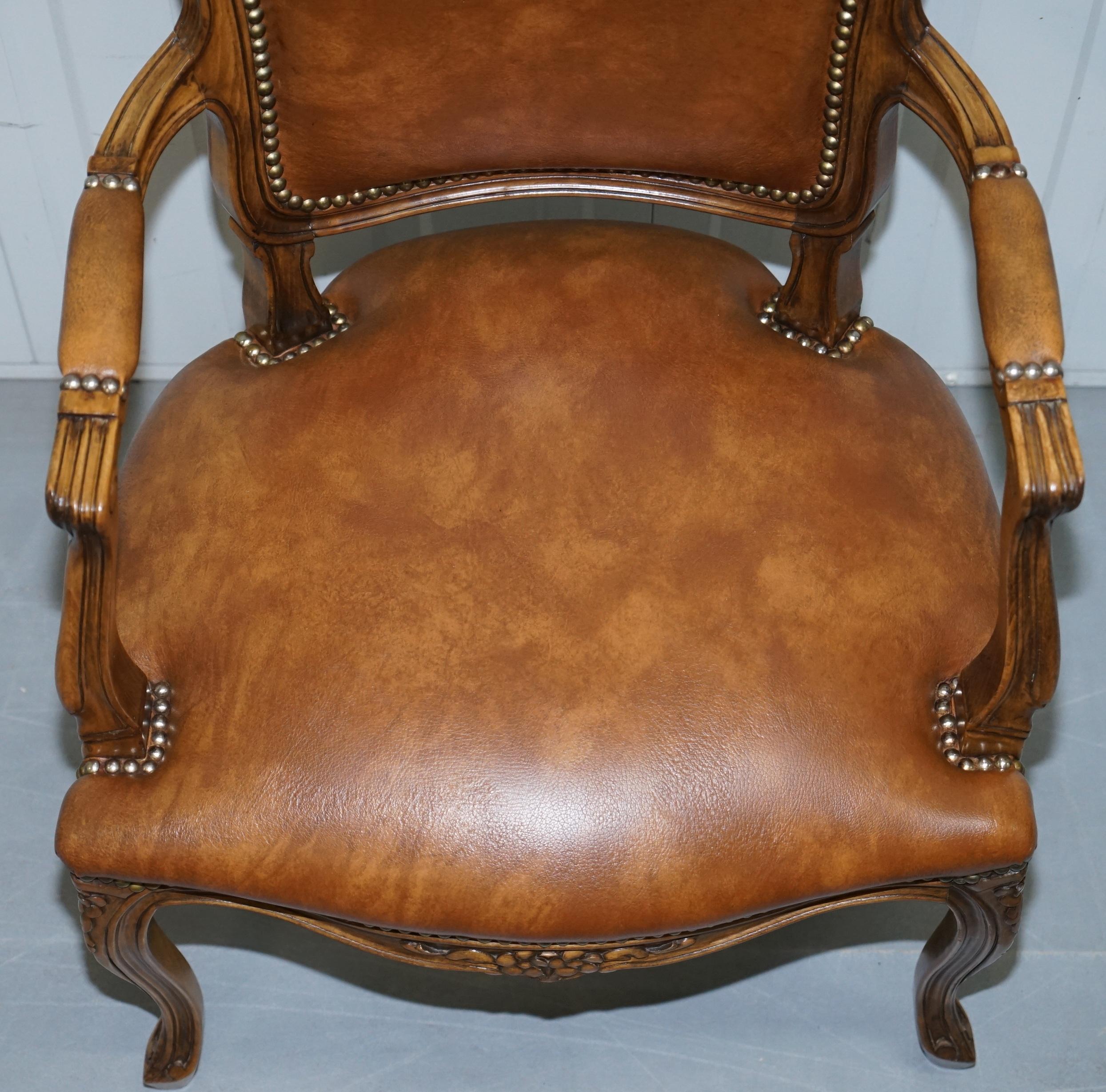 Pair of Lovely Vintage Aged Brown Leather French Louis XVII Fratelli Armchairs 8