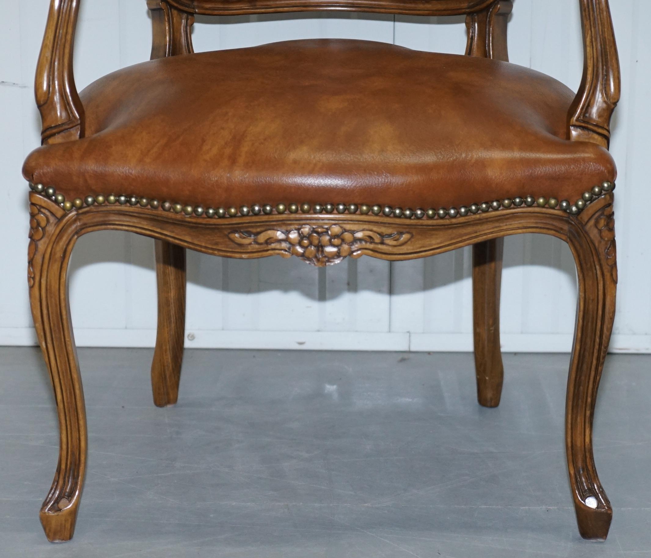 Pair of Lovely Vintage Aged Brown Leather French Louis XVII Fratelli Armchairs 10