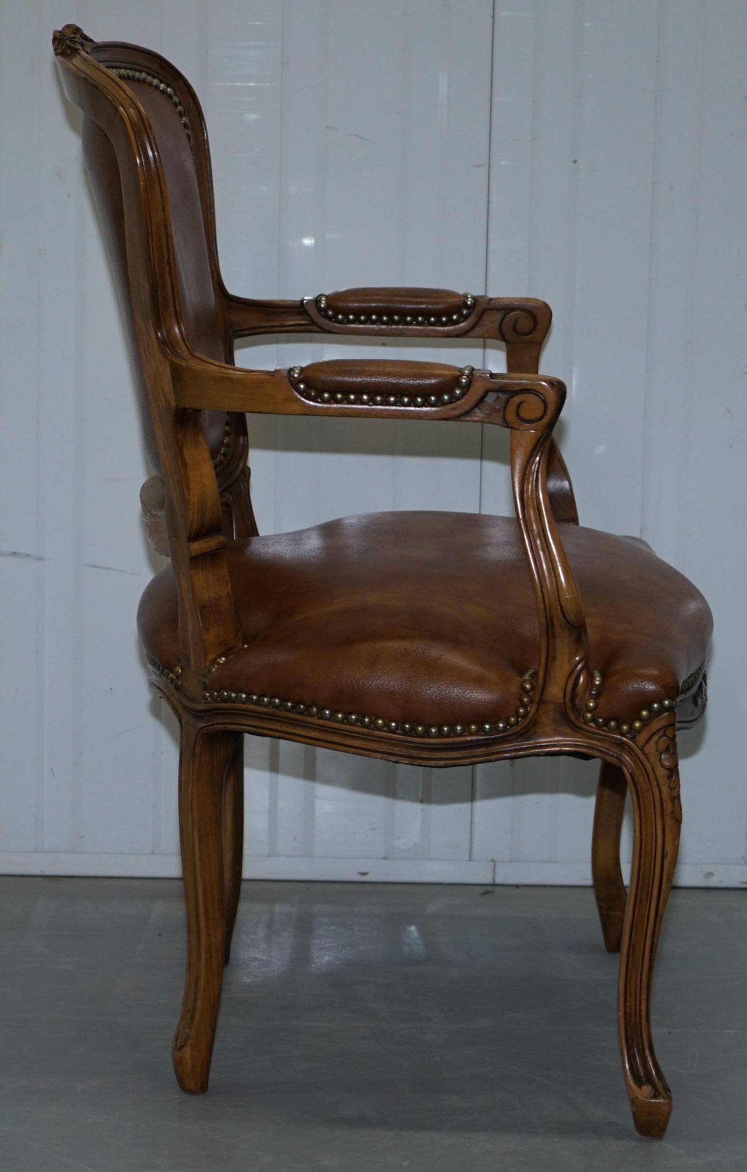 Pair of Lovely Vintage Aged Brown Leather French Louis XVII Fratelli Armchairs 11