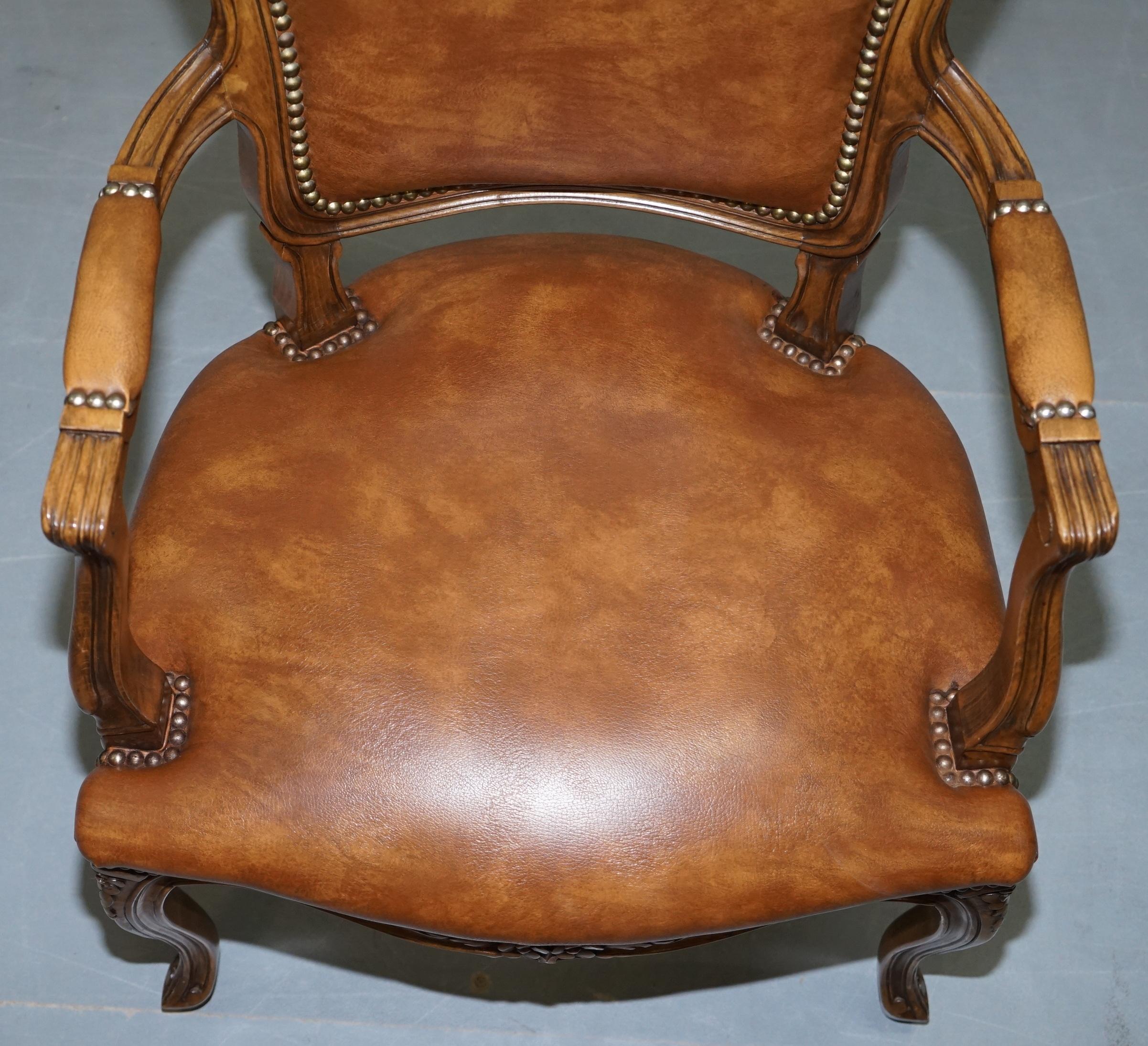 Hand-Crafted Pair of Lovely Vintage Aged Brown Leather French Louis XVII Fratelli Armchairs