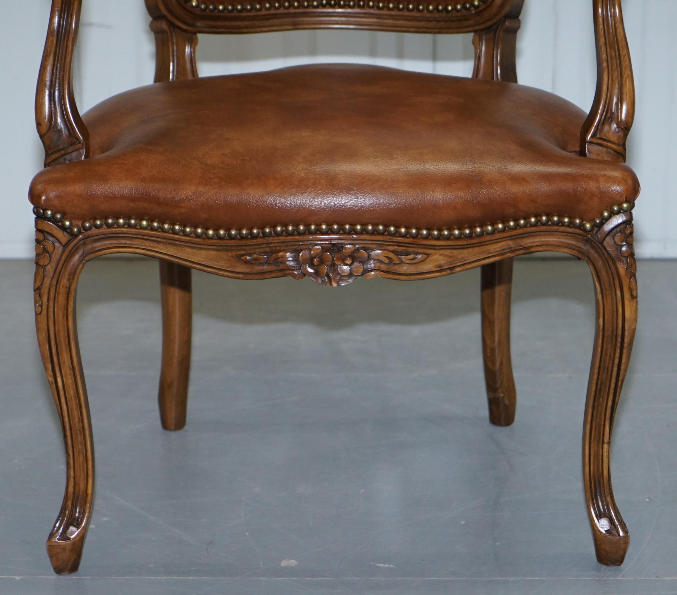 Pair of Lovely Vintage Aged Brown Leather French Louis XVII Fratelli Armchairs 1