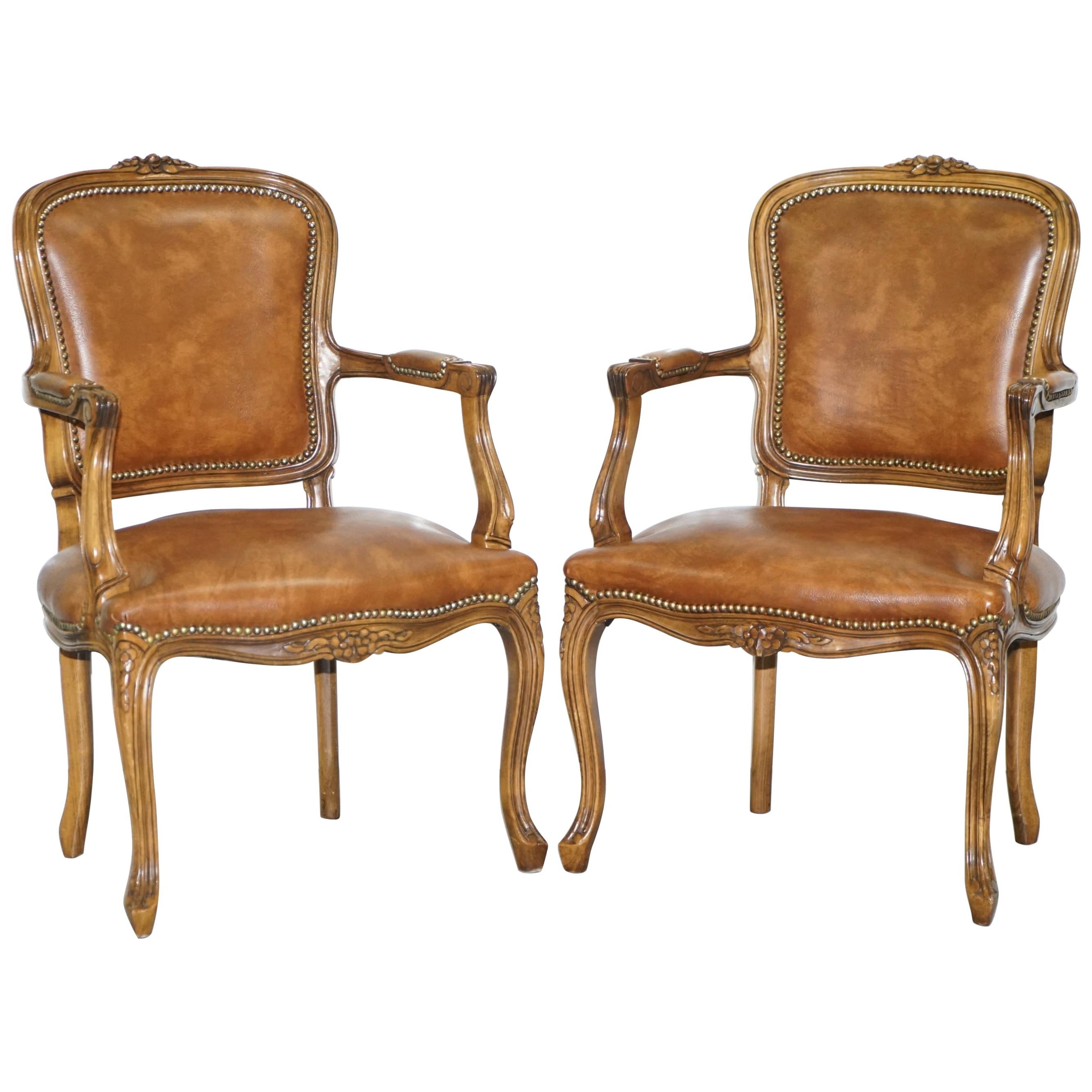 Pair of Lovely Vintage Aged Brown Leather French Louis XVII Fratelli Armchairs