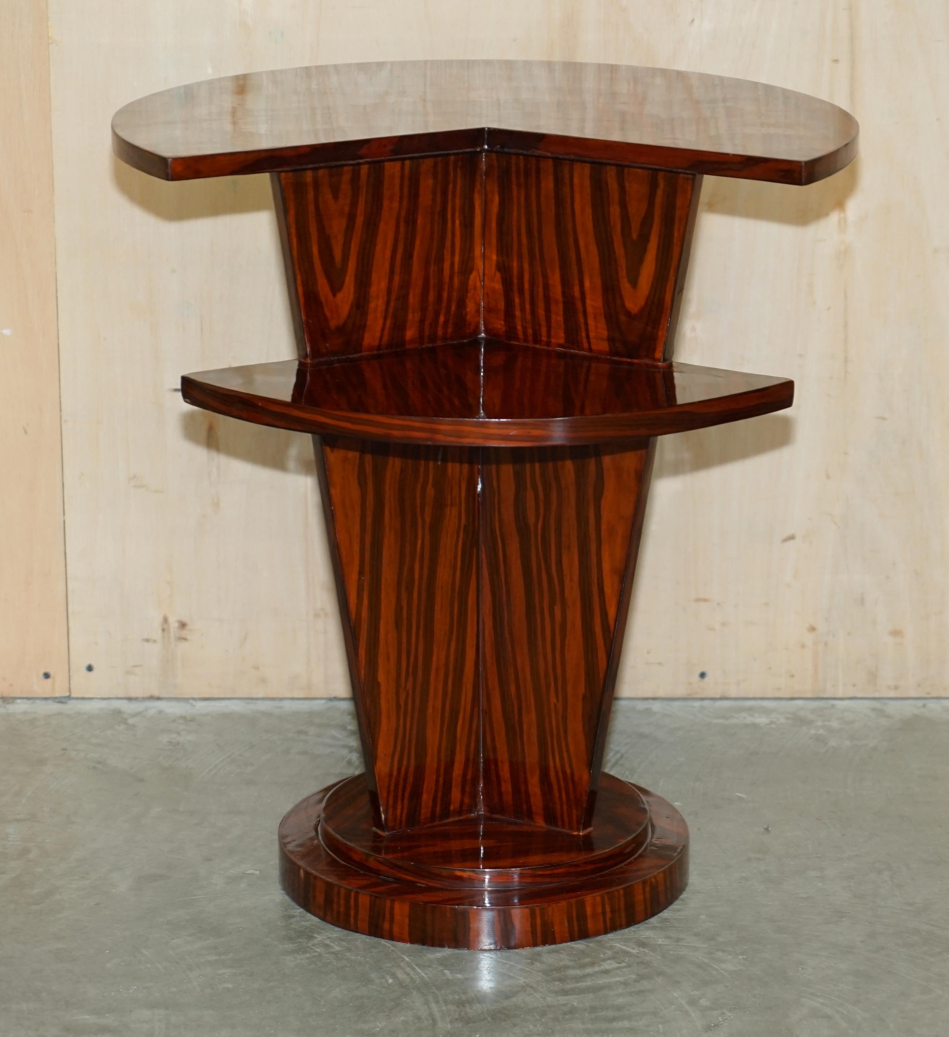 Hand-Crafted Pair of Lovely Vintage Art Deco Style Two Tier Macassar Wood Side End Tables For Sale