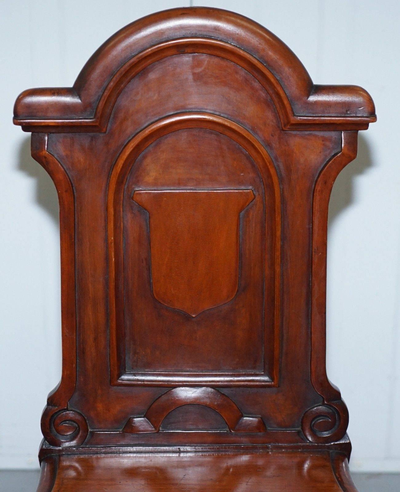 Hand-Carved Pair of Lovley Regency Mahogany circa 1830 Shield Back Hall Chairs Nice Patina