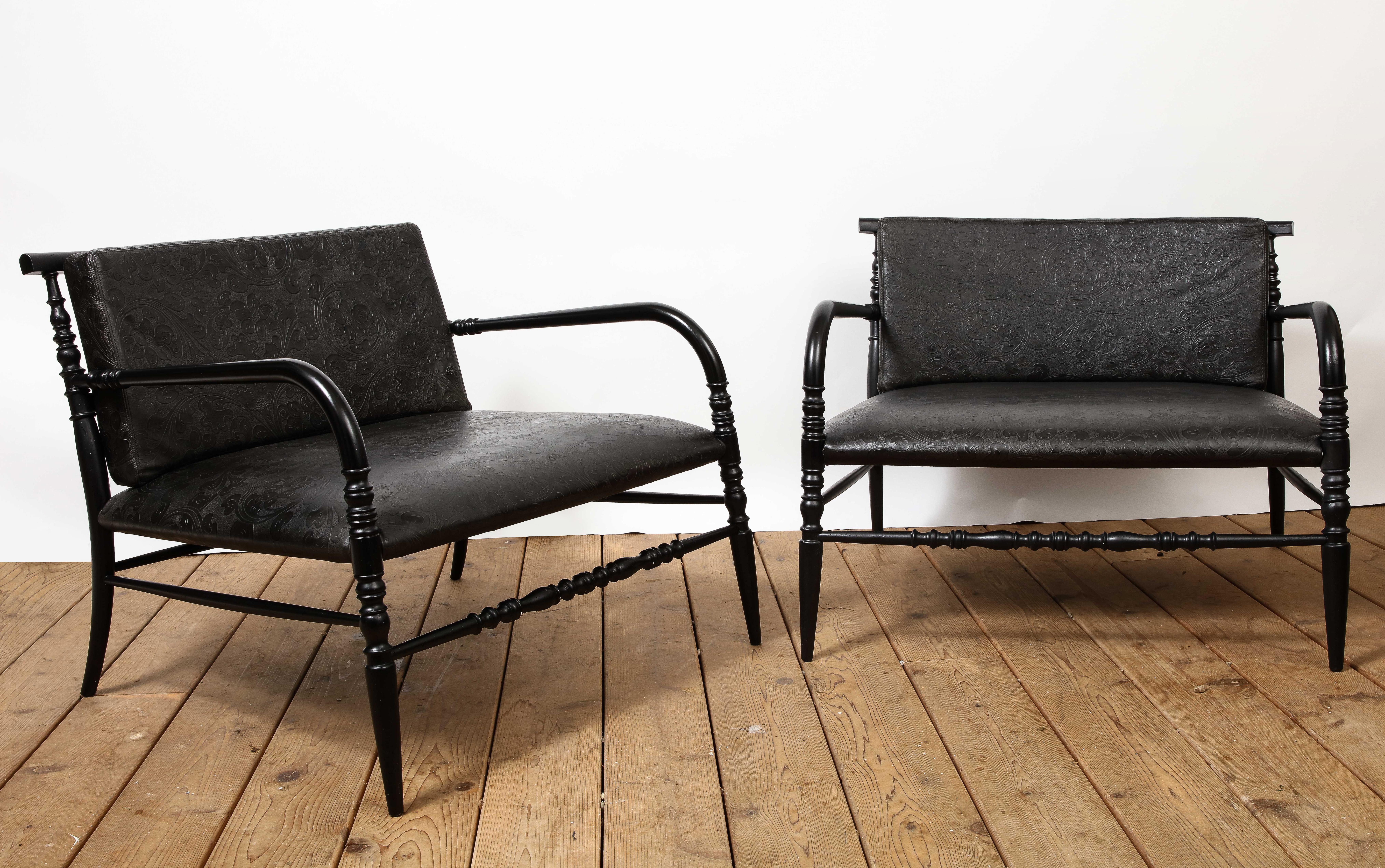 Turned Pair of Low American Lounge Chairs in Black Embossed Leather For Sale